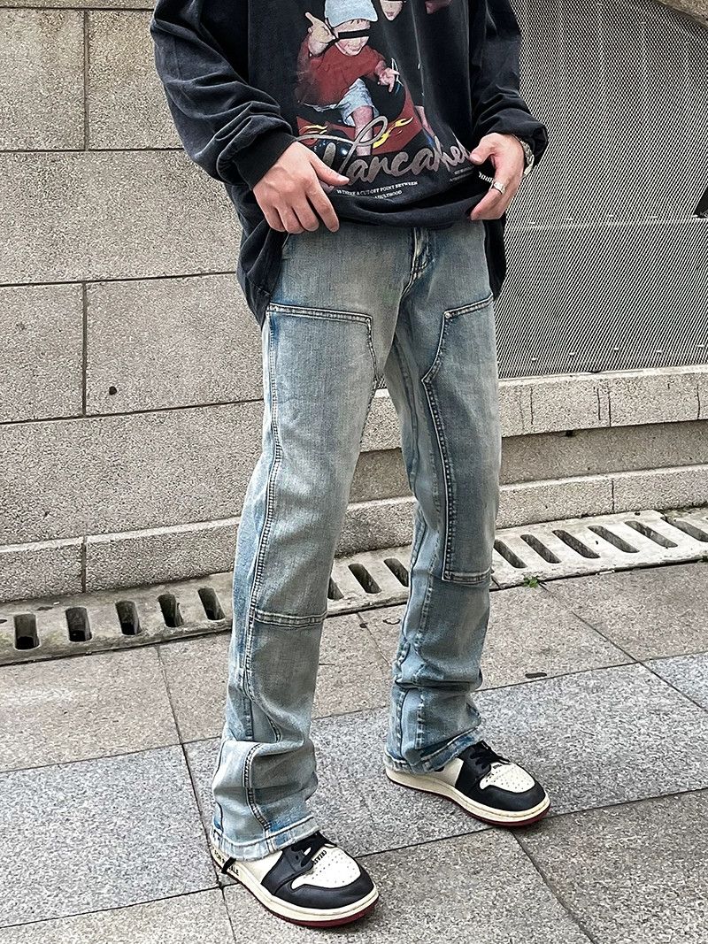 patchwork skate hiphop faded flared jeans