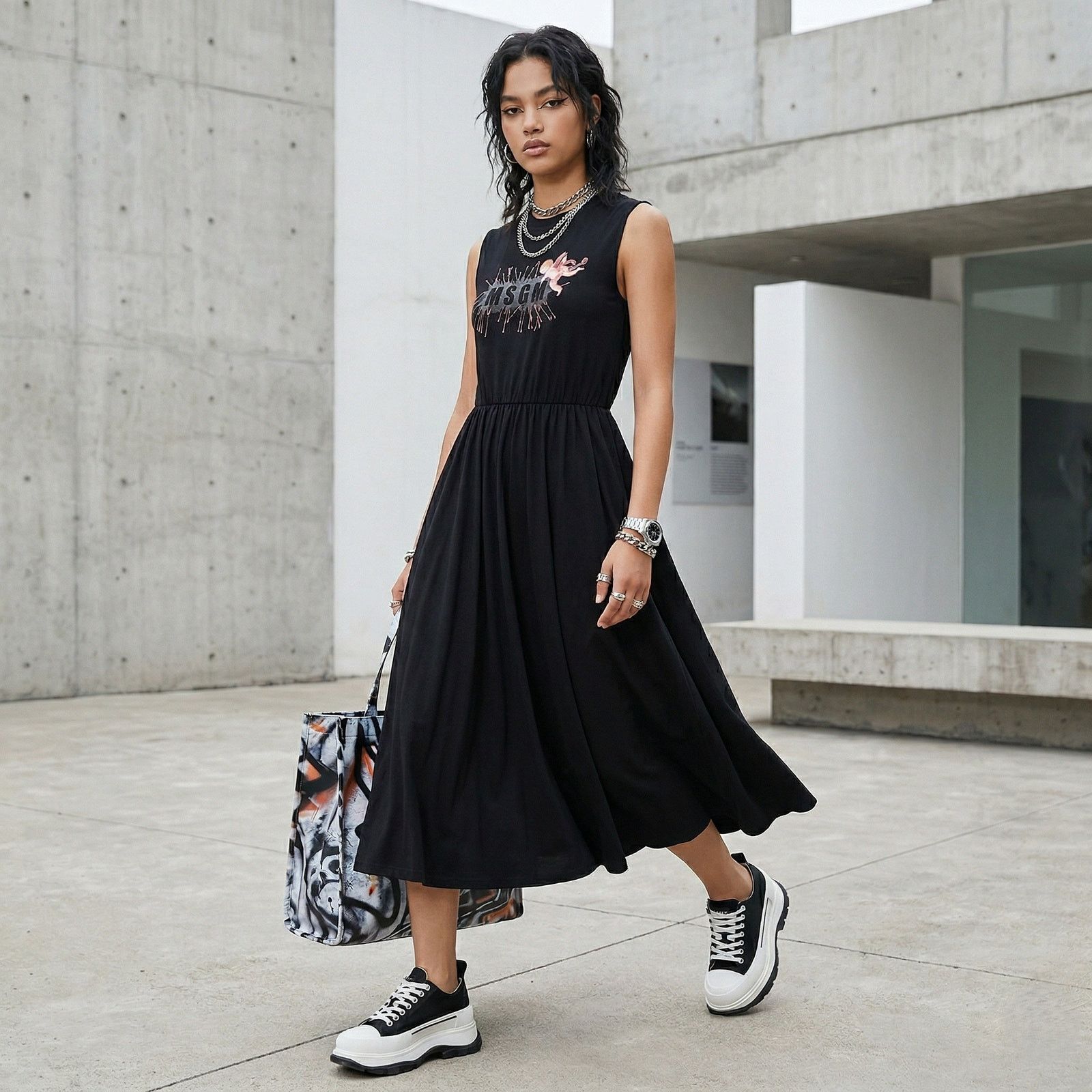 MSGM MSGM Black Cotton Jersey Sleeveles Midi Dress Logo size XS Size XS / US 0-2 / IT 36-38 - 1 Thumbnail
