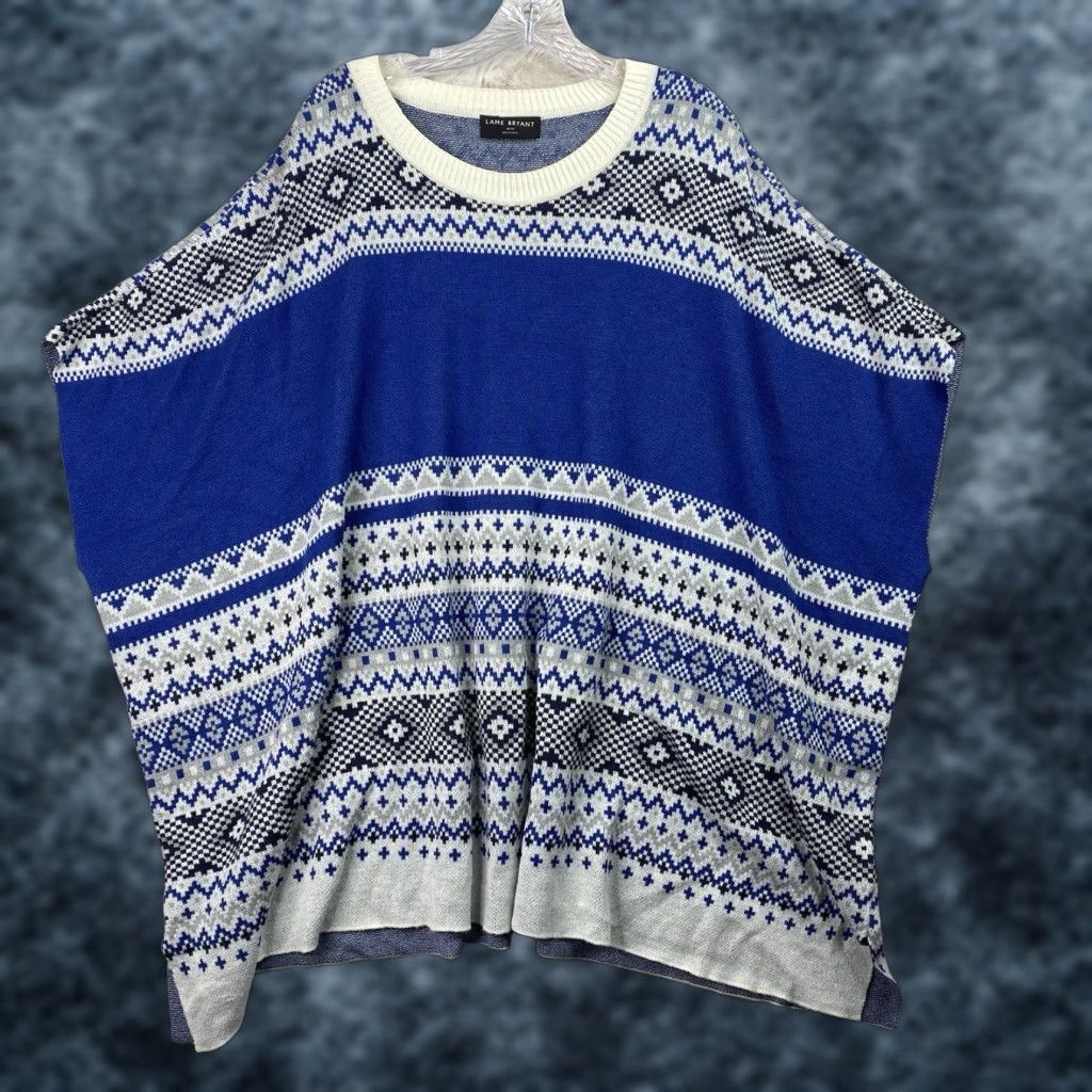 Vintage Lane Bryant Poncho Sweater 18/20 Relaxed Geometric Blue Knit Pullover Women Fall Winter Polo? Size XXL / US 16-18 / IT 52-54 - 1 Thumbnail