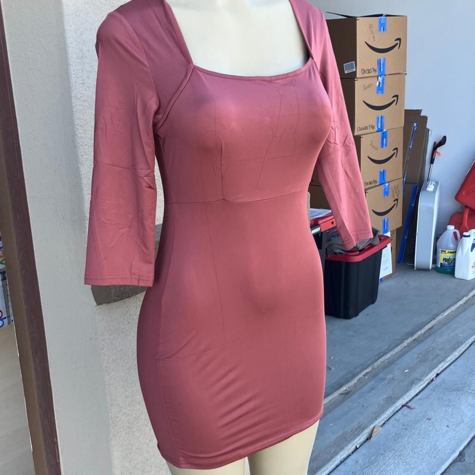 Other Square-Neck Rose Khaki Brown Bodycon Mini Dress Size S / US 4 / IT 40 - 4 Thumbnail