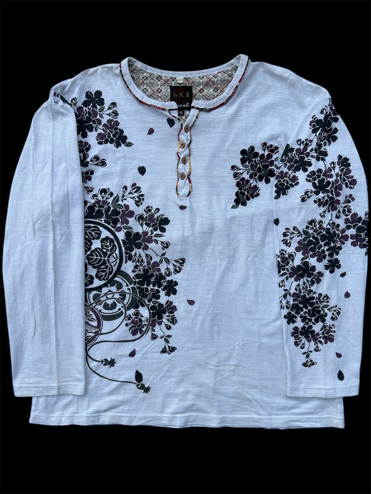 If Six Was Nine × Le Grande Bleu (L.G.B.) × Yohji Yamamoto Vintage Floral Henley Long Sleeve – White Size US XXL / EU 58 / 5 - 11 Thumbnail