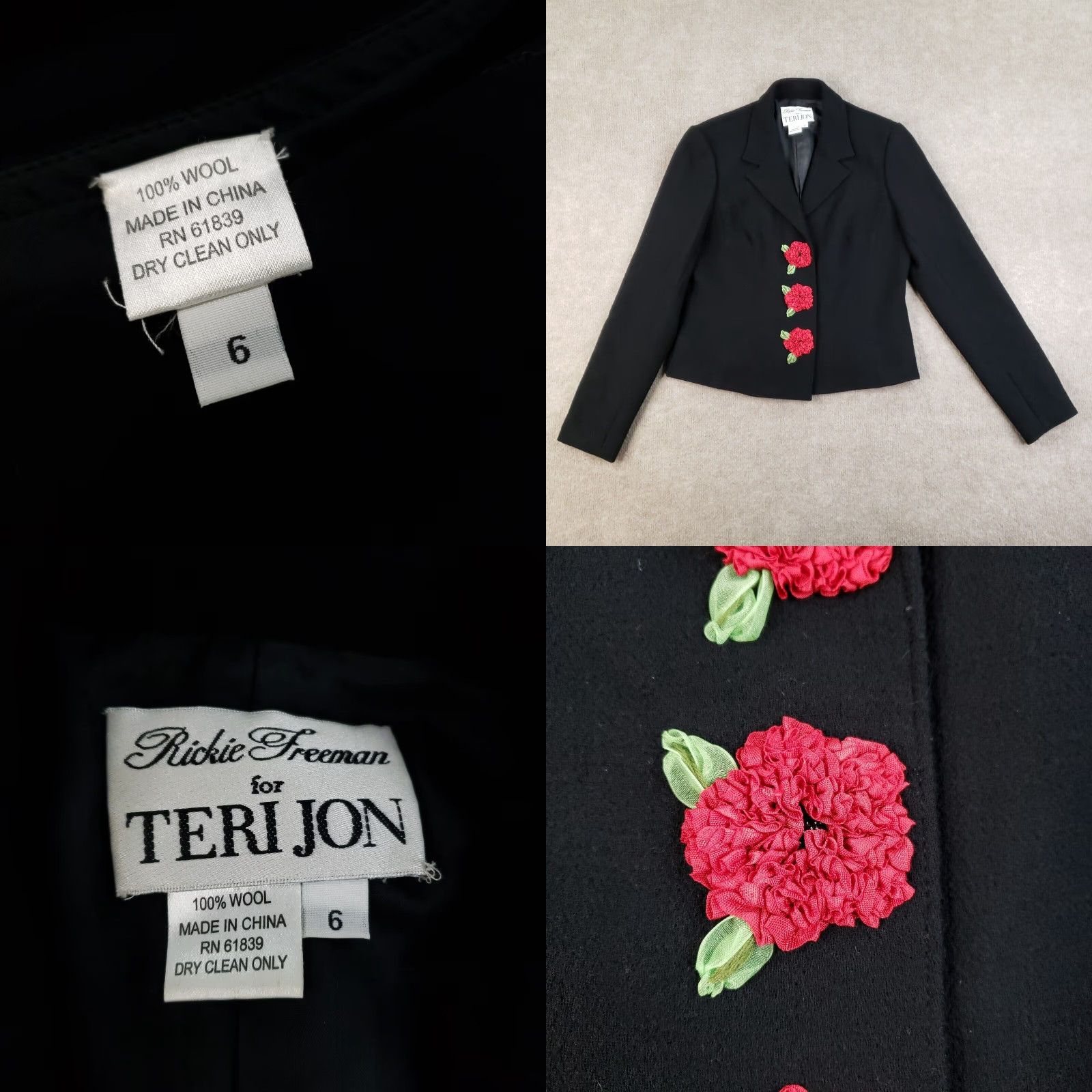Vintage Teri Jon Black Wool Skirt Suit Set Womens Size 6 Business 2 Piece Floral Size 28" / US 6 / IT 42 - 8 Thumbnail