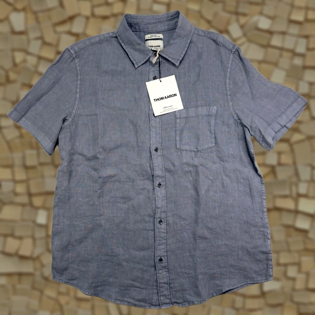 FLAX THOM AARON Shirt Button-Up Linen Blue Mens L Short Sleeve Collared Size US L / EU 52-54 / 3 - 1 Thumbnail
