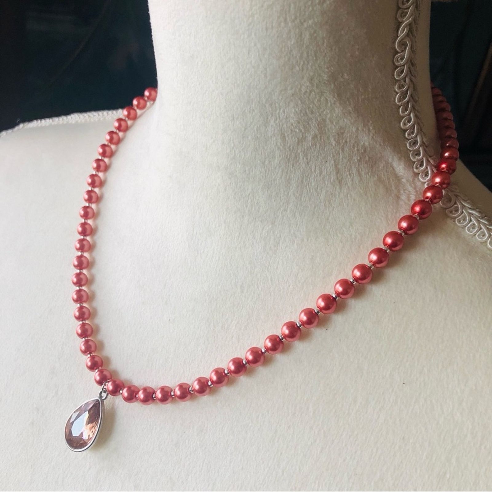 Handmade Handcrafted repurpose antique rose teardrop Pearl necklace Size ONE SIZE - 4 Thumbnail