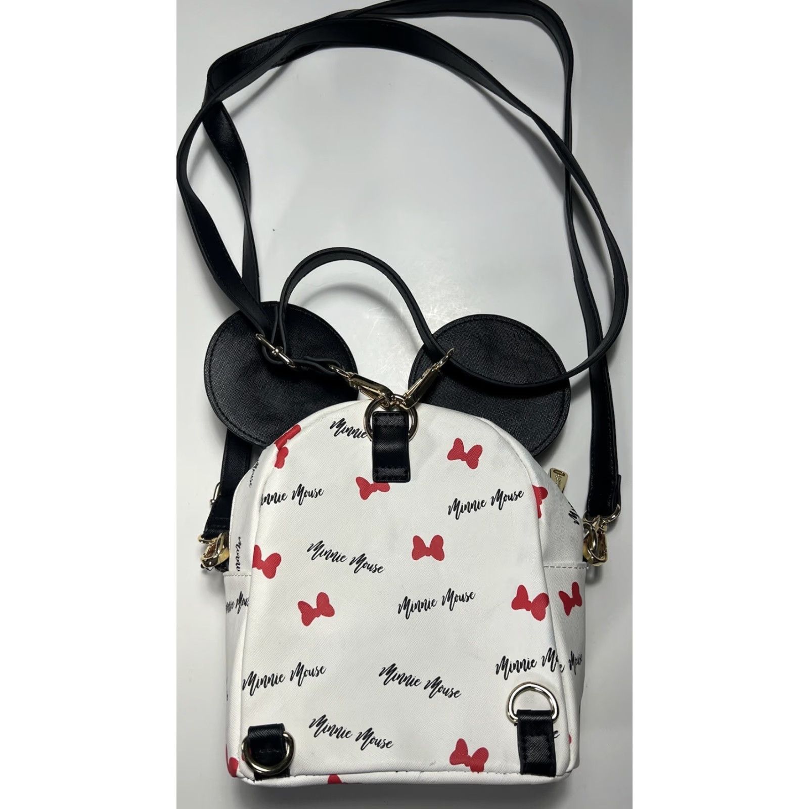 VINTAGE Loungefly Mini Backpack Minnie Mouse Ears White Red Bowties Convertible Leather Women
