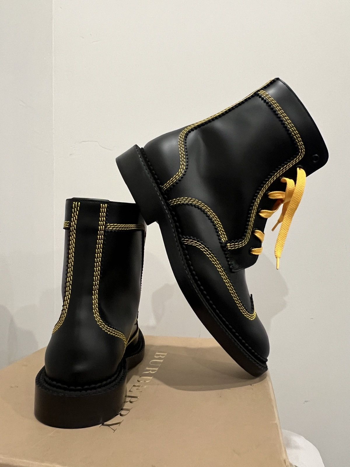 Burberry Burberry Bert Black Leather Yellow Stitching Mid High Boots Size US 11 / IT 41 - 2 Thumbnail