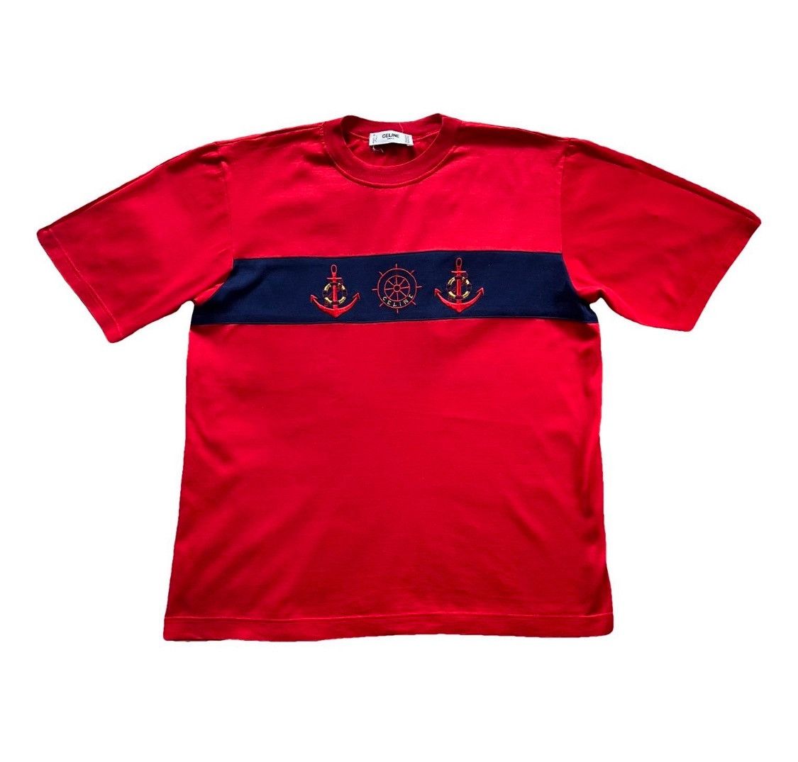 Celine Vintage Celine Paris Red Tshirt with a navy panel Emroidered Size US M / EU 48-50 / 2 - 2 Thumbnail