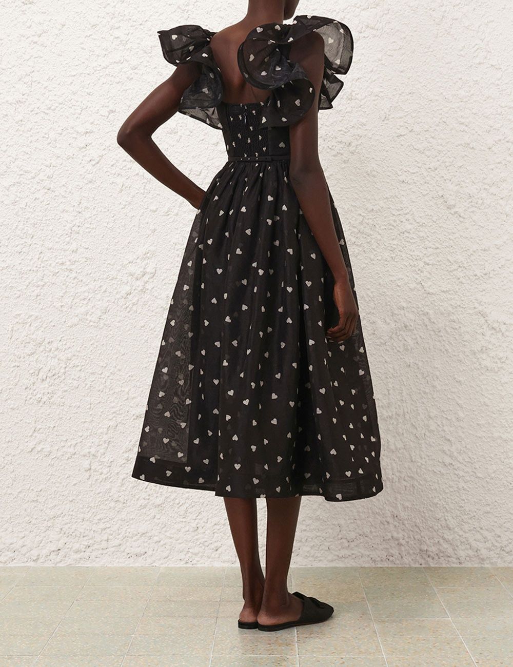 oc11z1025 Crush Frilled Midi Dress in Black
