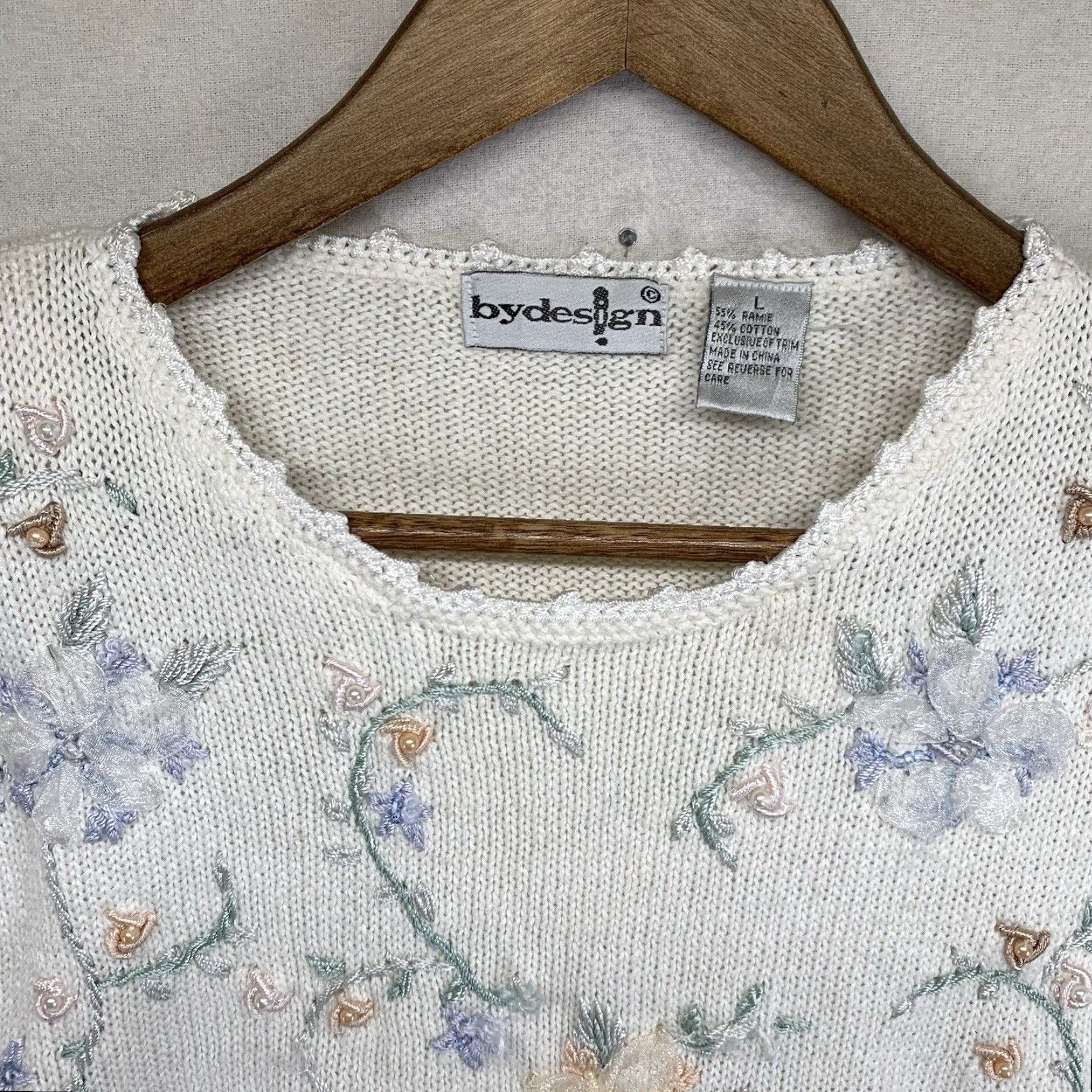 Vintage Vintage 90s Women's Large Floral Embroidered Beaded Sweater Cotton Ramie Bohemian Casual Party Size L / US 10 / IT 46 - 3 Thumbnail