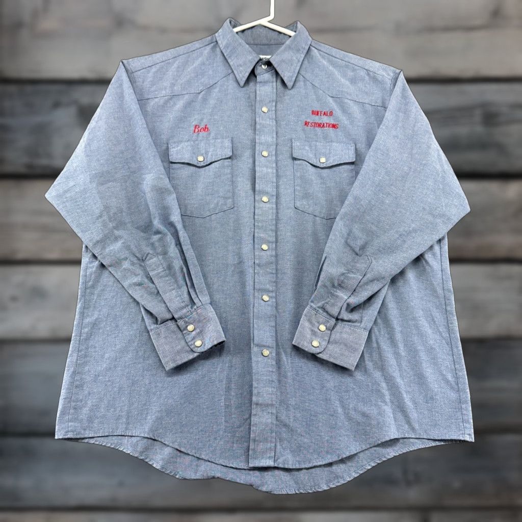 Vintage VINTAGE Wearguard Shirt Mens XL Blue Pearl Snap Long Sleeve Solid Chambray 90s Size US XL / EU 56 / 4 - 1 Thumbnail