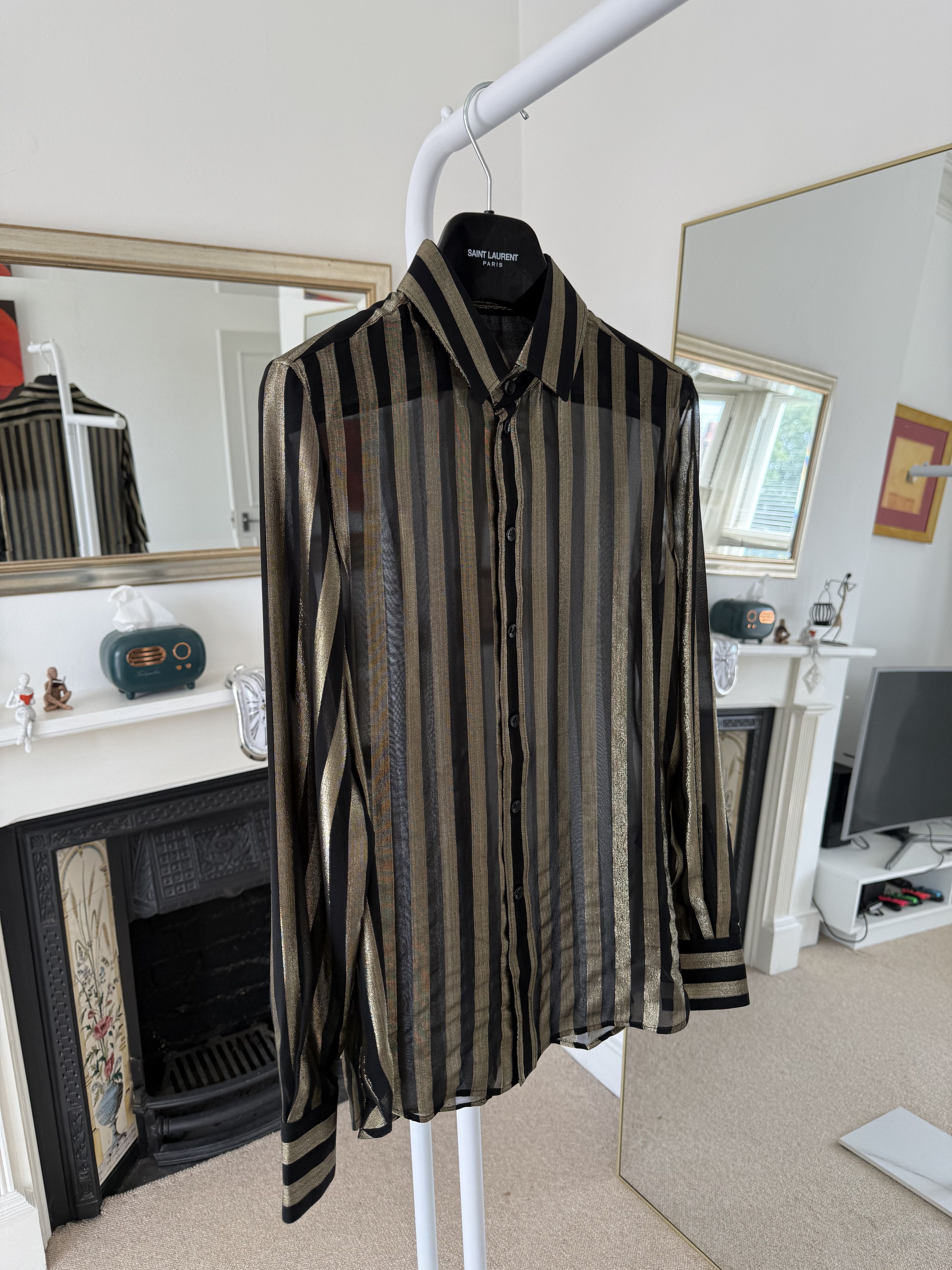 Saint Laurent Paris FW19 Saint Laurent Runway Striped Gold Silk Shirt Size XS / US 0-2 / IT 36-38 - 4 Thumbnail