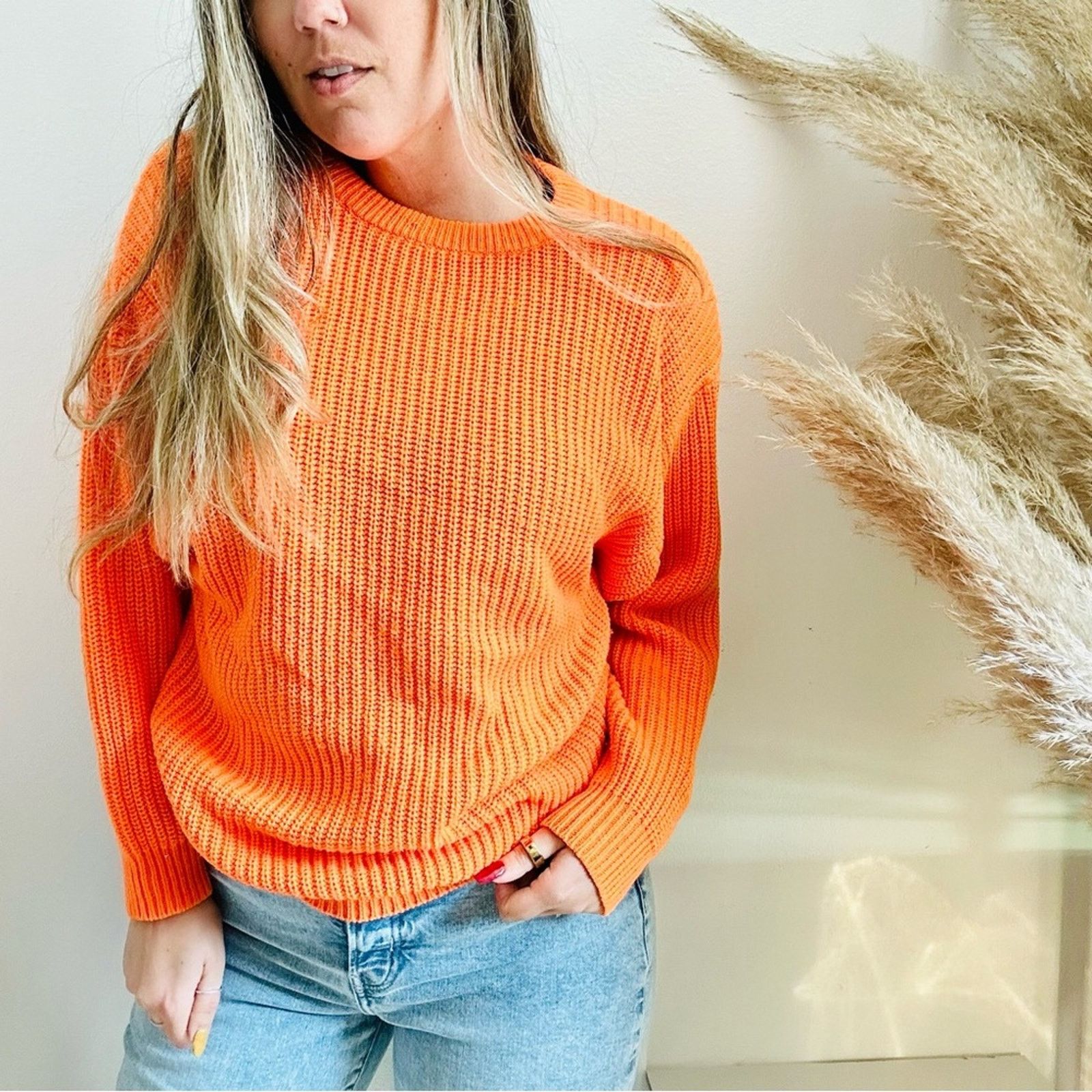 Express EXPRESS Neon Orange Chunky Knit Tunic Pullover Crew Sweater Size M / US 6-8 / IT 42-44 - 4 Thumbnail