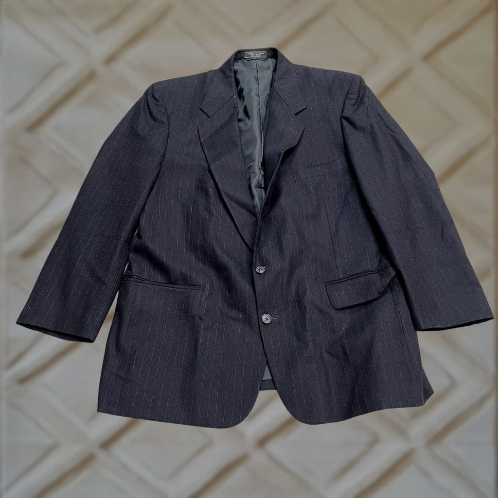 Hardy Amies Hardy Amies Blazer Jacket Mens 46R Navy Blue Striped Wool One-Button Notch Lapel Mid-Length Vintage No Size 46R - 1 Thumbnail