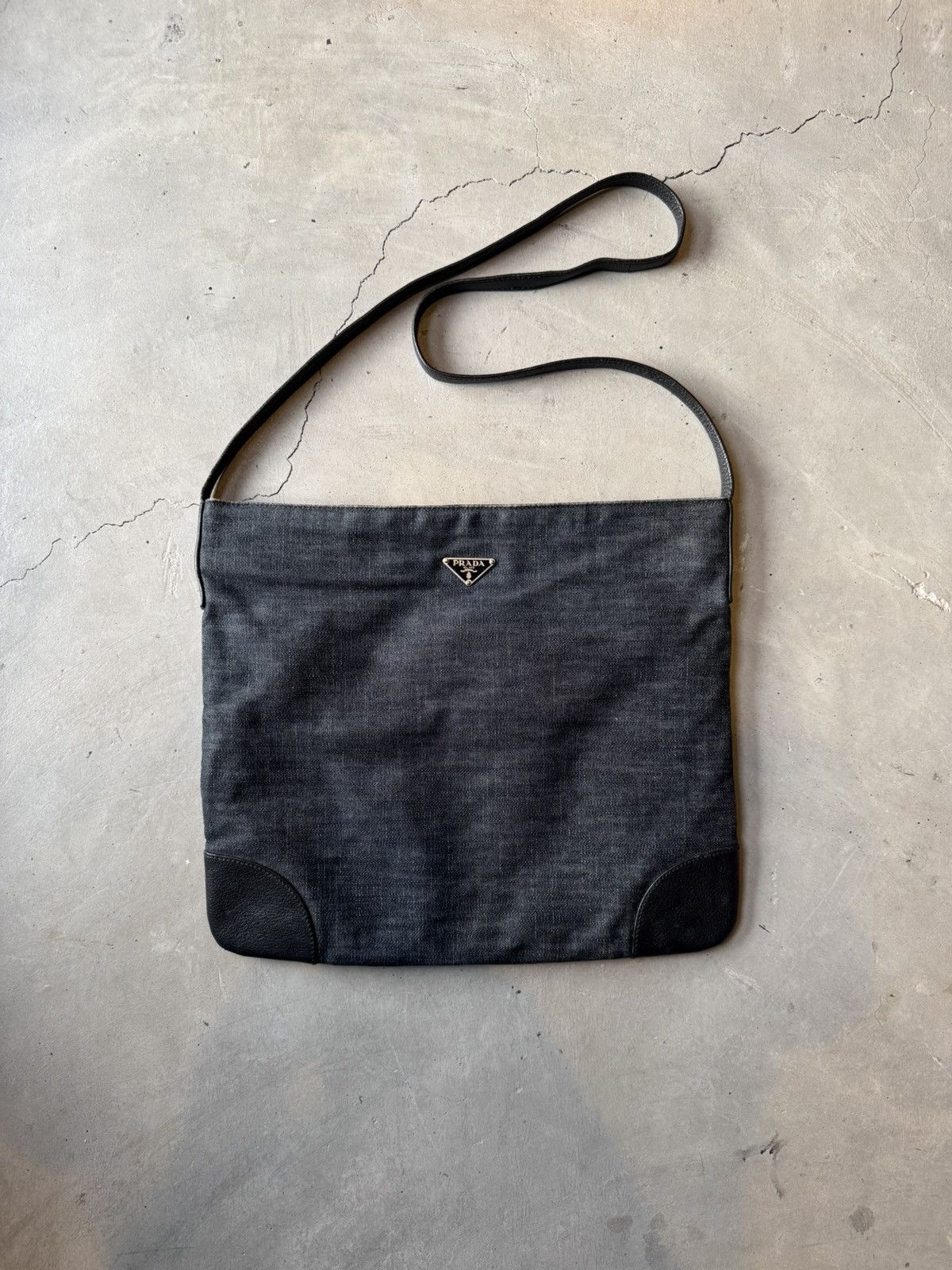 Prada Prada Enameled Metal Triangle Vitello-Trimmed Denim Size ONE SIZE - 2 Thumbnail