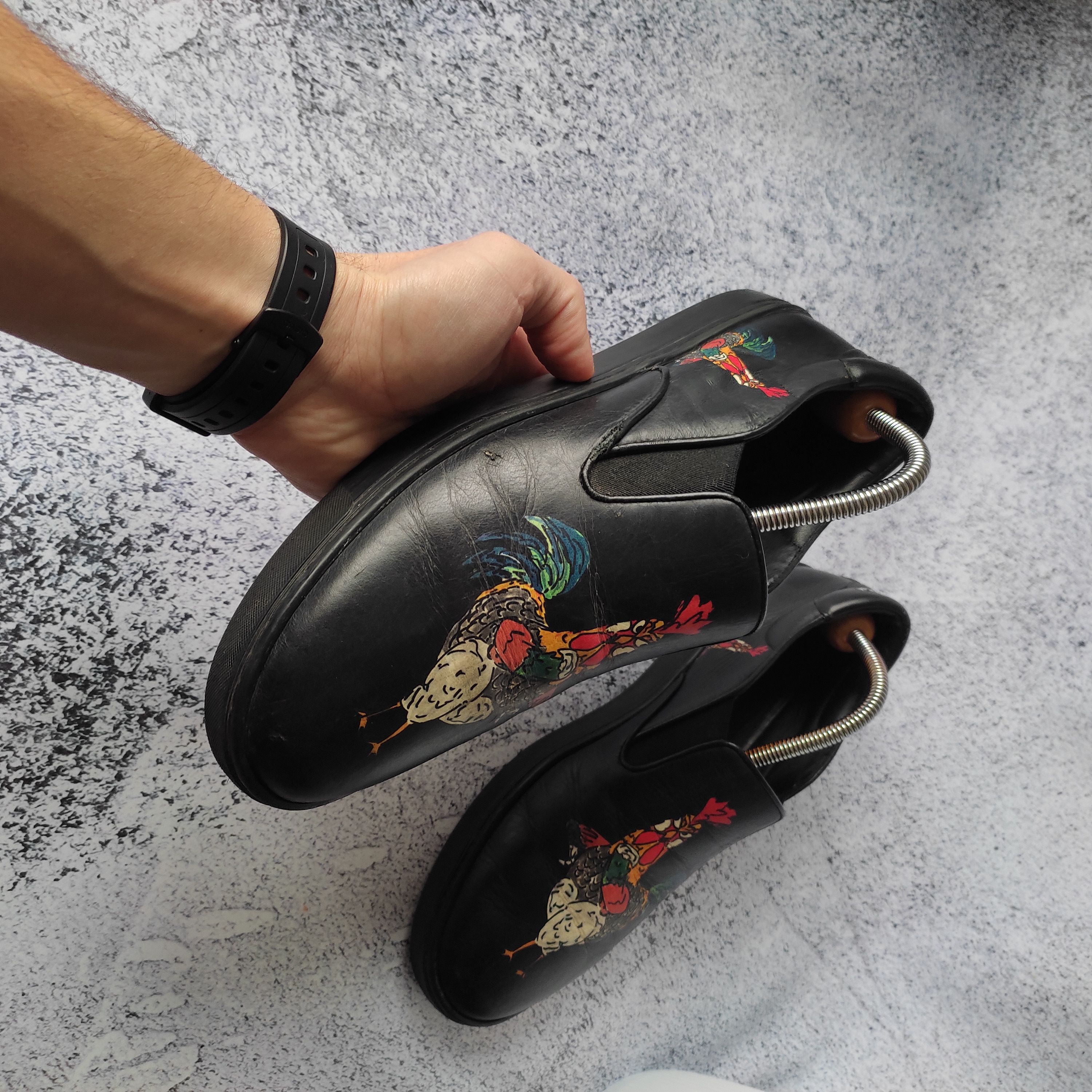 image of Dolce Gabbana Cockerel Print Leather Slip-Ons Shoes in Black, Men's (Size 8)