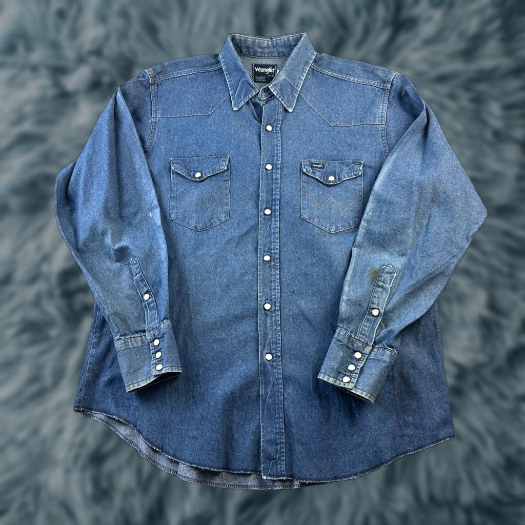 Wrangler Wrangler Shirt Mens 17.5 35 Western Blue Denim X-Long Tails USA Brushpopper Size US XL / EU 56 / 4 - 1 Thumbnail
