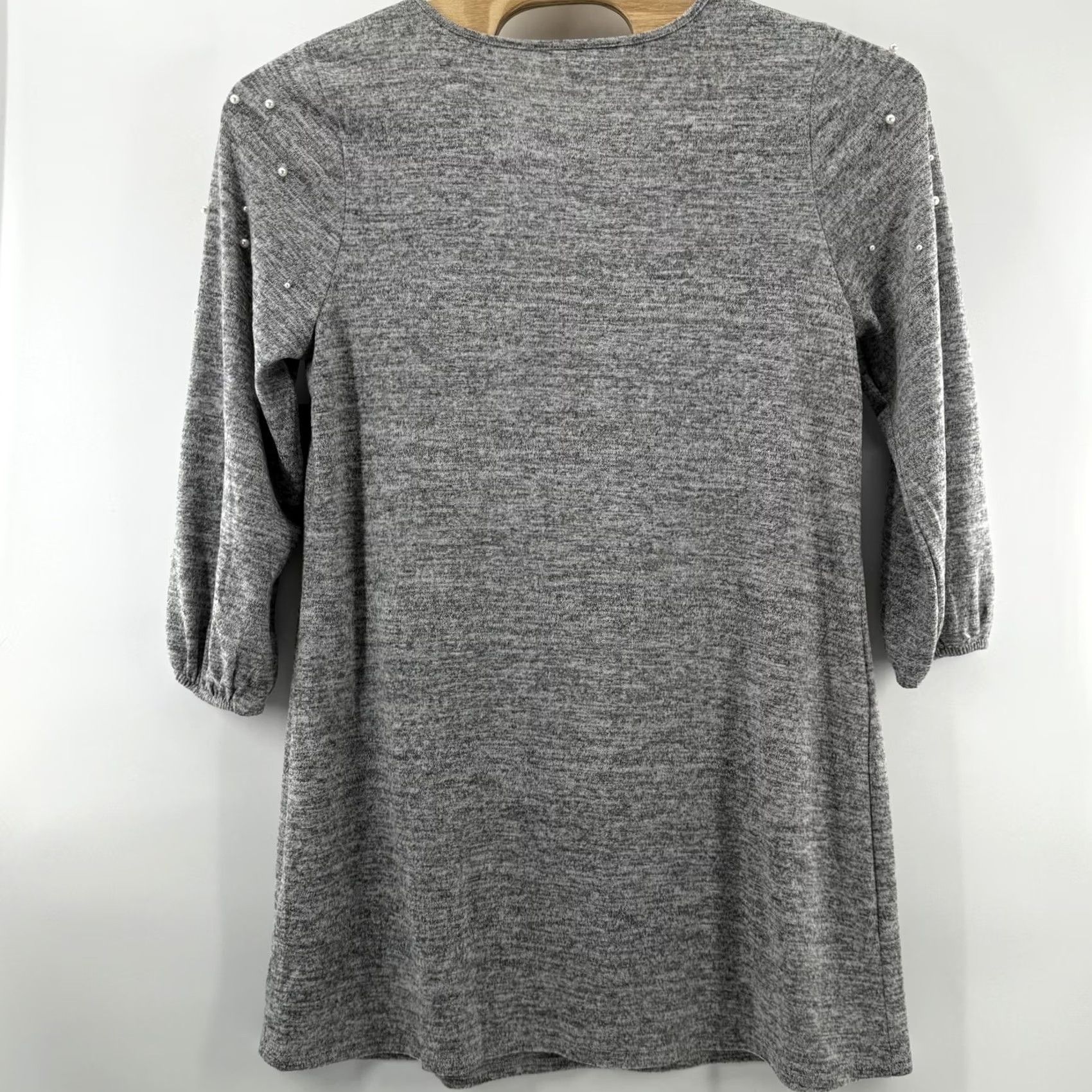 Vintage Tacera Sweater Tunic Dress 1X Gray Pearl Embellished 3/4 Sleeve Puff Sleeve Knit Crew Neck Pullover Womens Beaded All Seasons Fall Winter Vintage No Size XL / US 12-14 / IT 48-50 - 4 Thumbnail