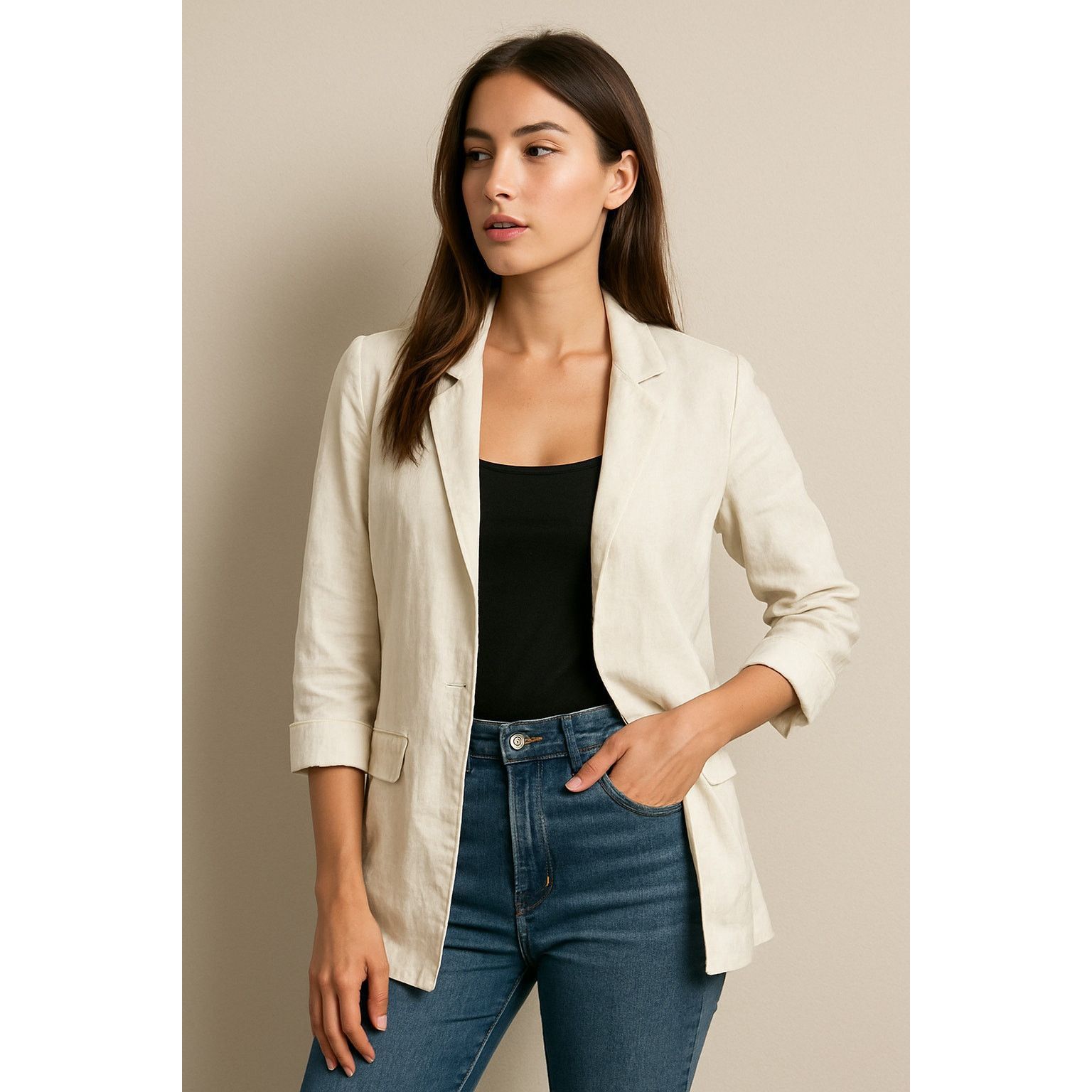 Zara Minimalist Cream Linen Blend Open Front Blazer Zara Basic L Size L / US 10 / IT 46 - 1 Thumbnail
