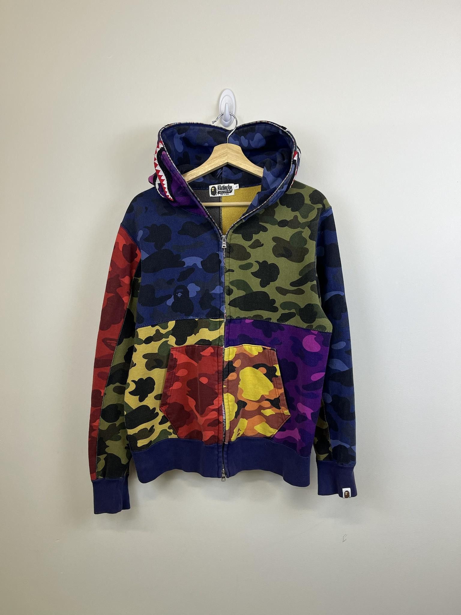Image of Bape Multicolor Patchwork Full Zip Shark Hoodie, Men's (Size Large)