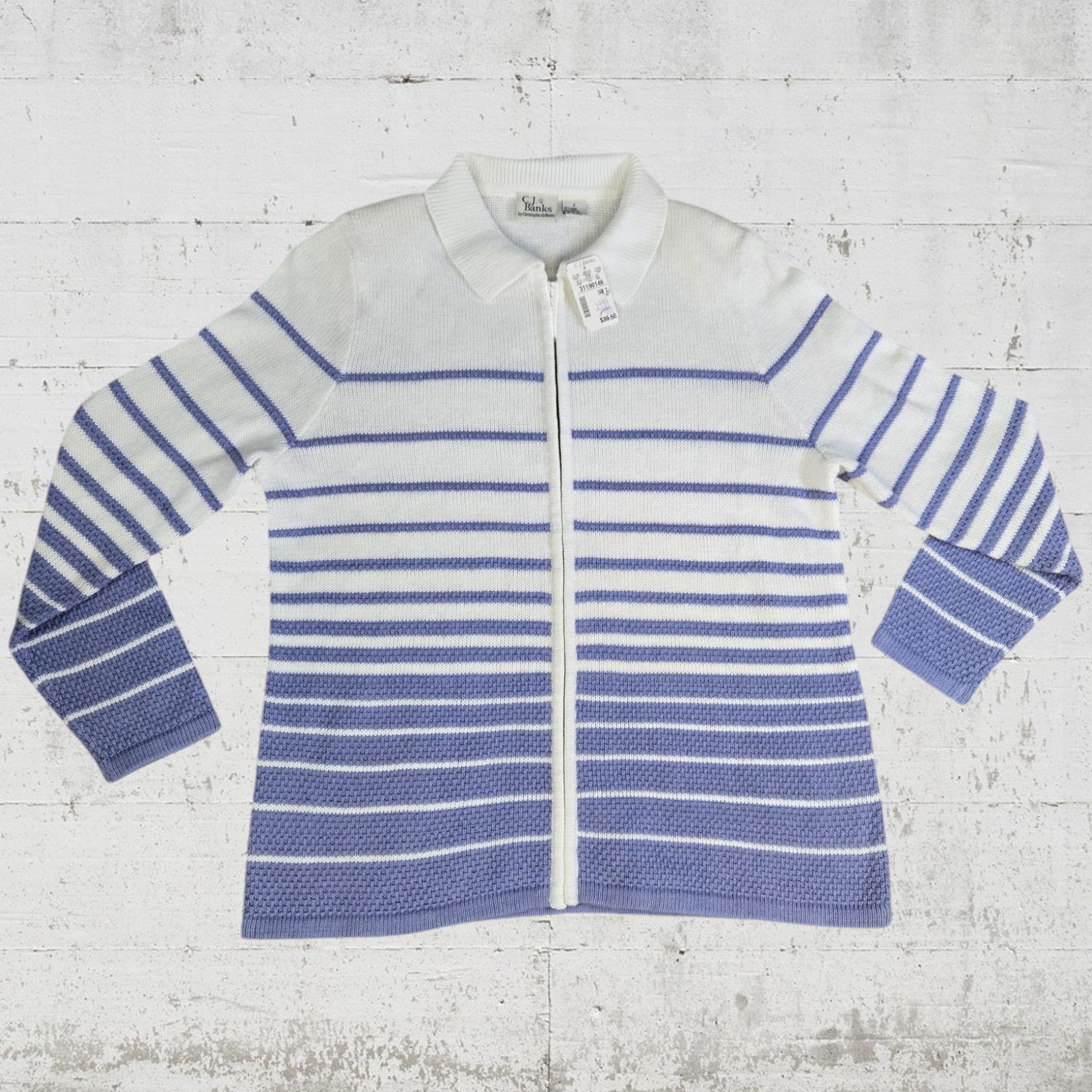 Vintage Y2K Periwinkle White Striped Zip Up Sweater Size 14W Size XL / US 12-14 / IT 48-50 - 2 Thumbnail