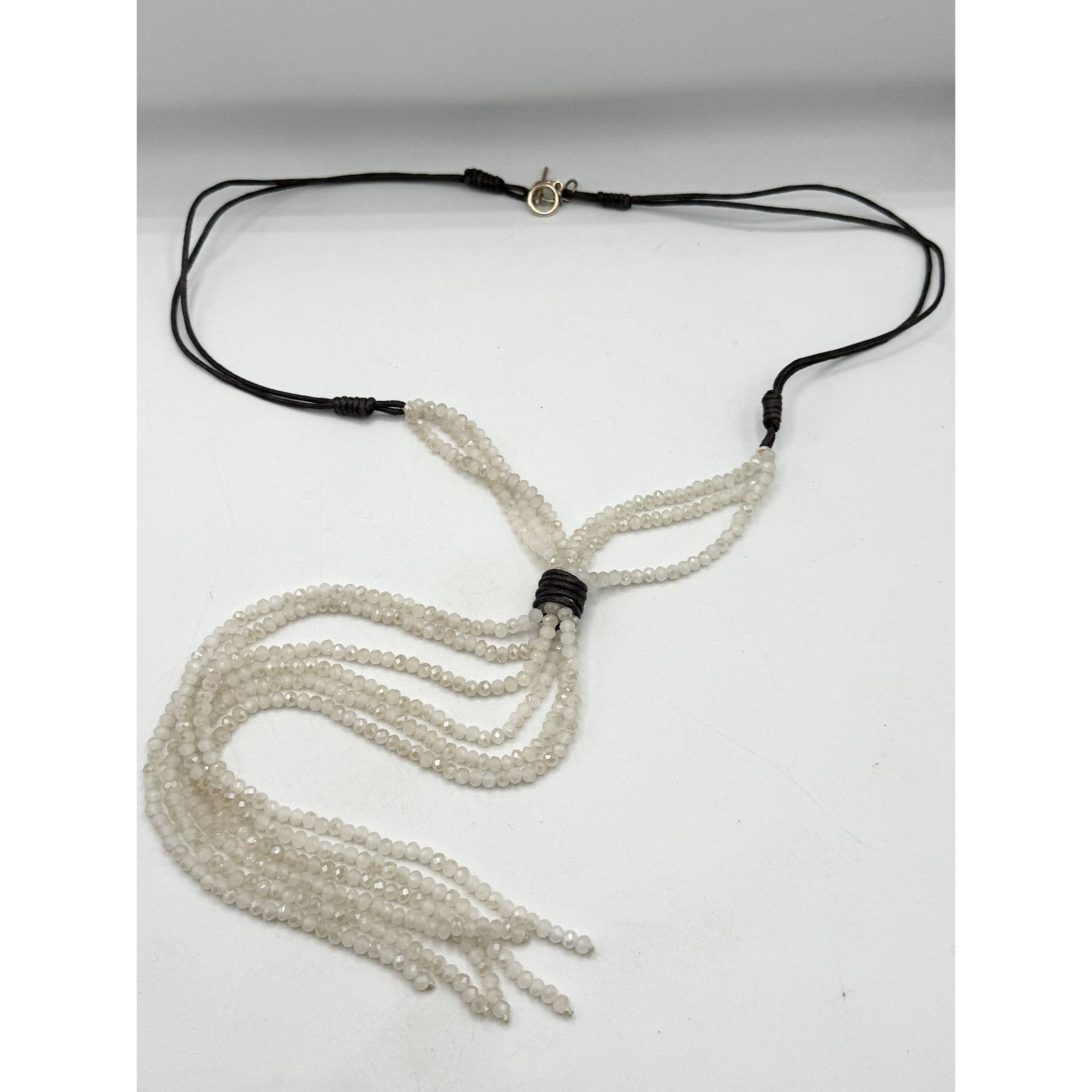 Vintage White Crystal Beaded Tassel Leather Necklace Size ONE SIZE - 2 Thumbnail