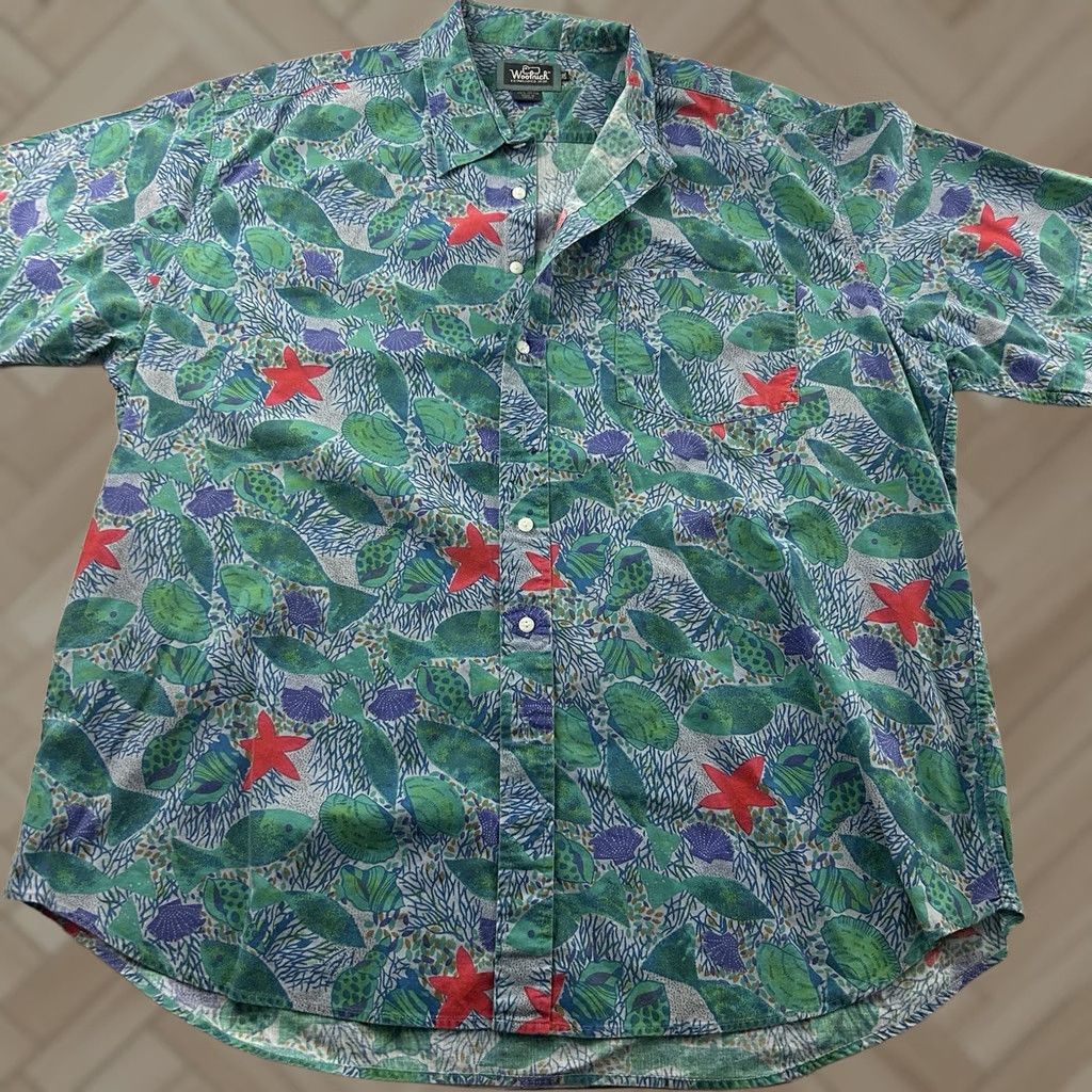 Vintage Woolrich Short Sleeve Button-Up Hawaiian Starfish Shirt Men's 2XL Green Blue Size US XXL / EU 58 / 5 - 1 Thumbnail