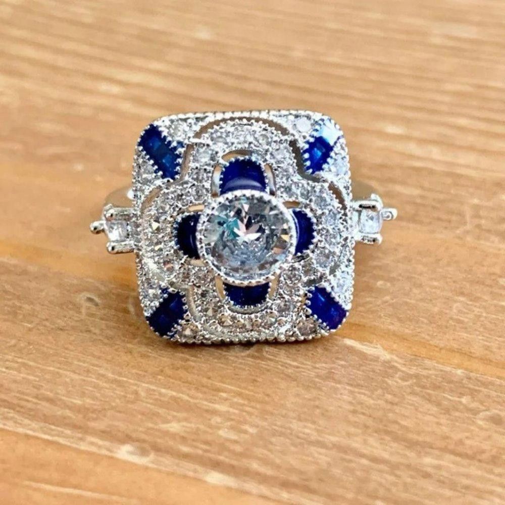 Designer 925 Sterling Silver Blue Geometric Art Deco Ring - Size 7 Size ONE SIZE - 9 Thumbnail