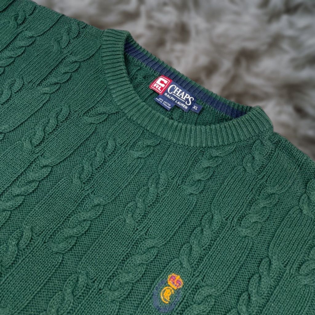 VINTAGE Ralph Lauren Chaps Sweater Cable Knit Crew Neck Men XL Green 100% Cotton Pullover Knit Crewneck Winter Fall Casual Logo Mens