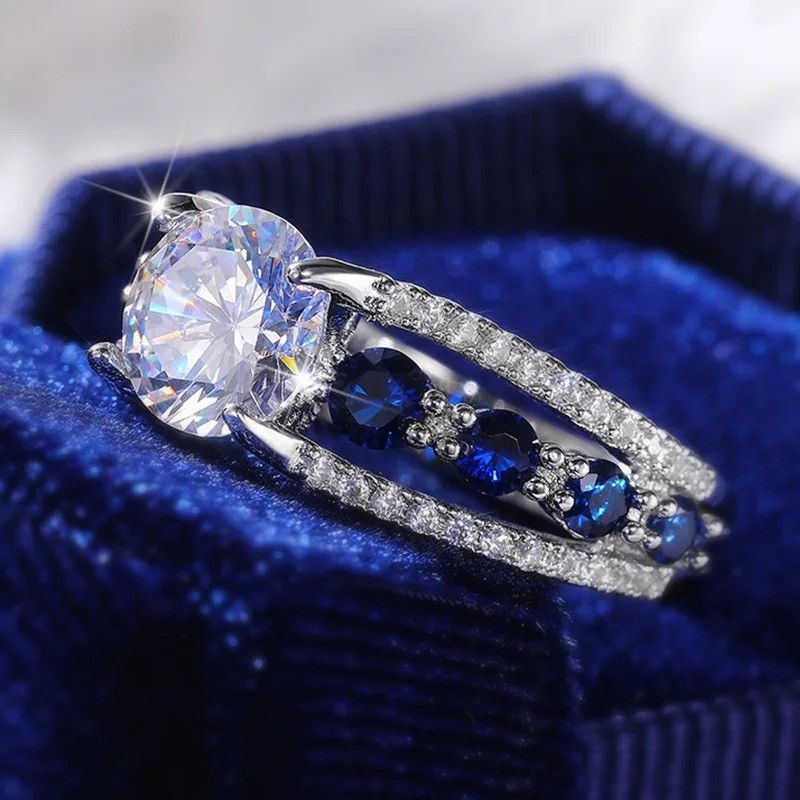 Designer × Jewelry Rings Women Blue/White Round CZ Novel Designed Size ONE SIZE - 2 Thumbnail
