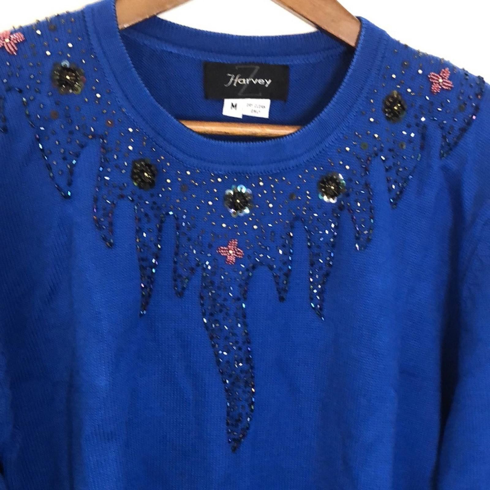 Harley Davidson Harvey vintage wool blend blue sweater sequined & beaded Med Size M / US 6-8 / IT 42-44 - 2 Thumbnail