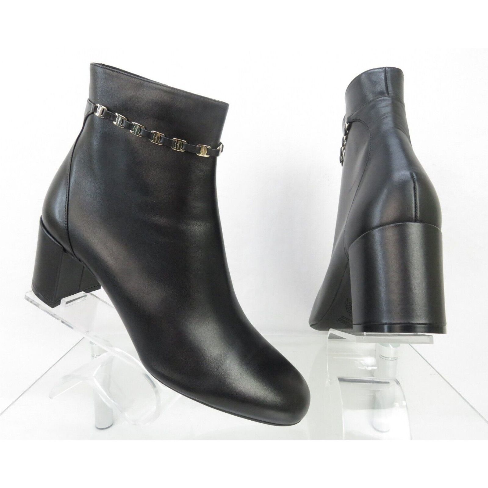 Salvatore Ferragamo GHILA BLACK LEATHER GANCINI CHAIN ZIP HEEL ANKLE BOOTS 11 C Size US 11 / IT 41 - 6 Thumbnail