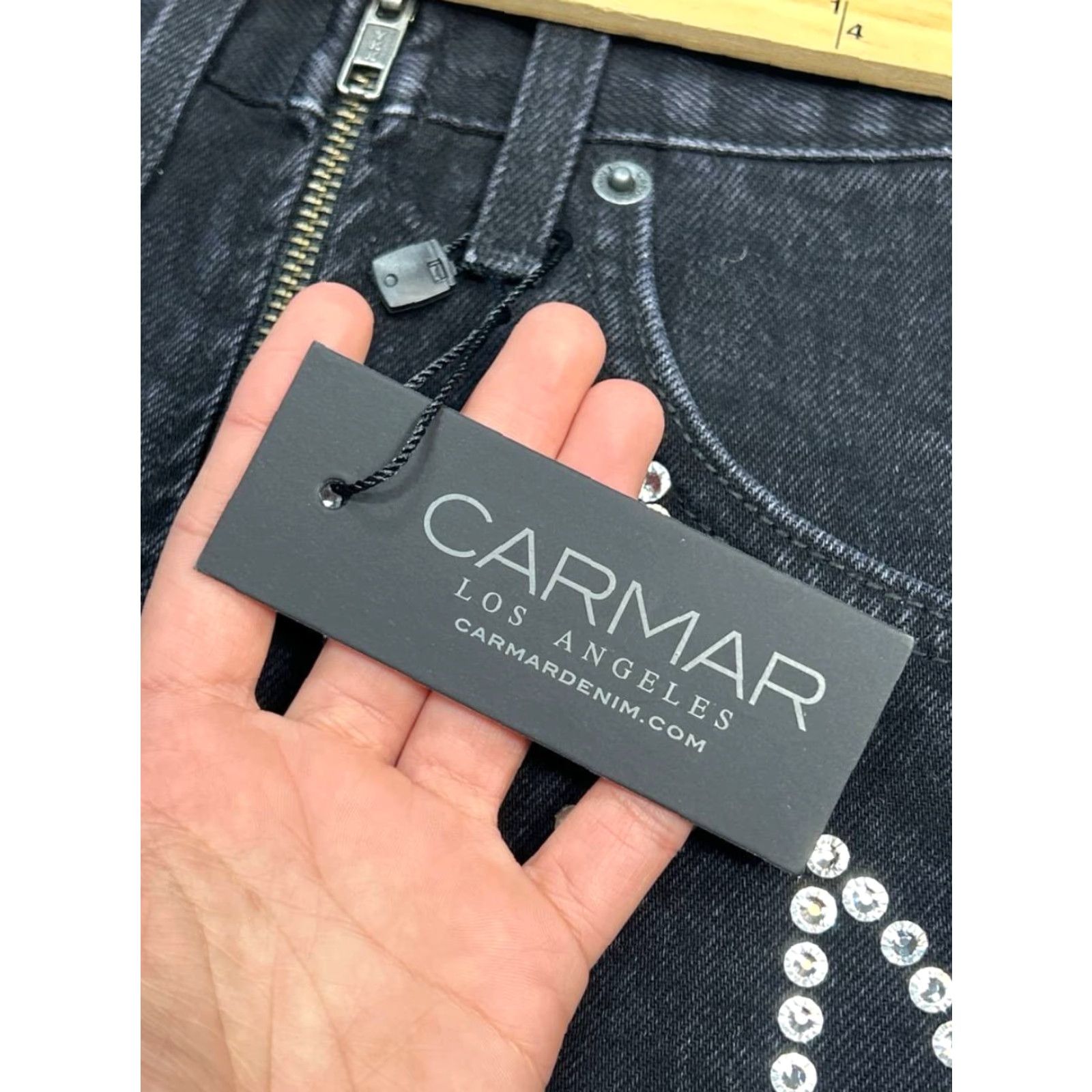 Denime Carmar Skirt Womens Mini 23 Black Denim Distressed Rhinestons Stars Size 40" / US 18 - 7 Thumbnail