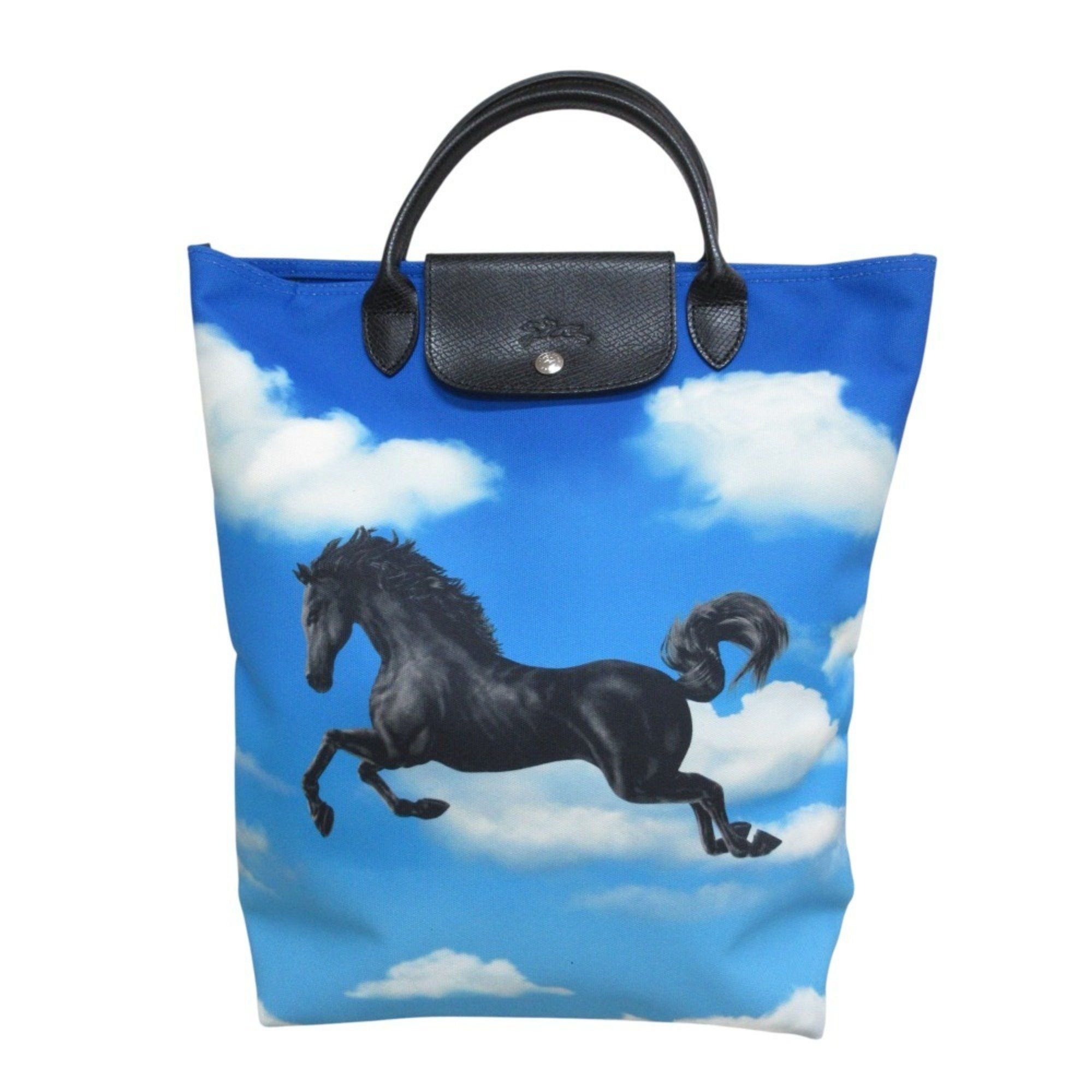 Longchamp Toilet Paper Collaboration Horse Le Pliage Top Handle M Tote Bag Blue Women's in Black