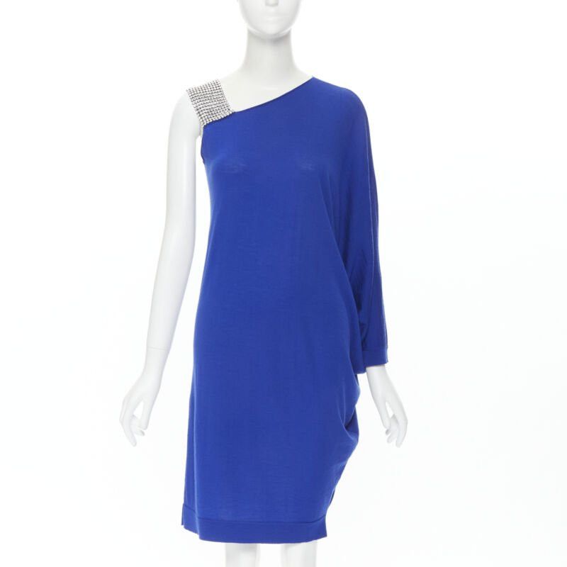 Balmain BALMAIN blue wool crystal rhinestone embellished strap asymmetric dress FR36 S Size XS / US 0-2 / IT 36-38 - 1 Thumbnail