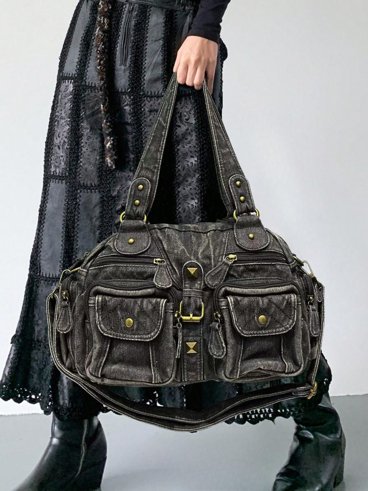 Vintage Black Vintage Style Denim Handbag with Multiple Pockets Size ONE SIZE - 7 Thumbnail