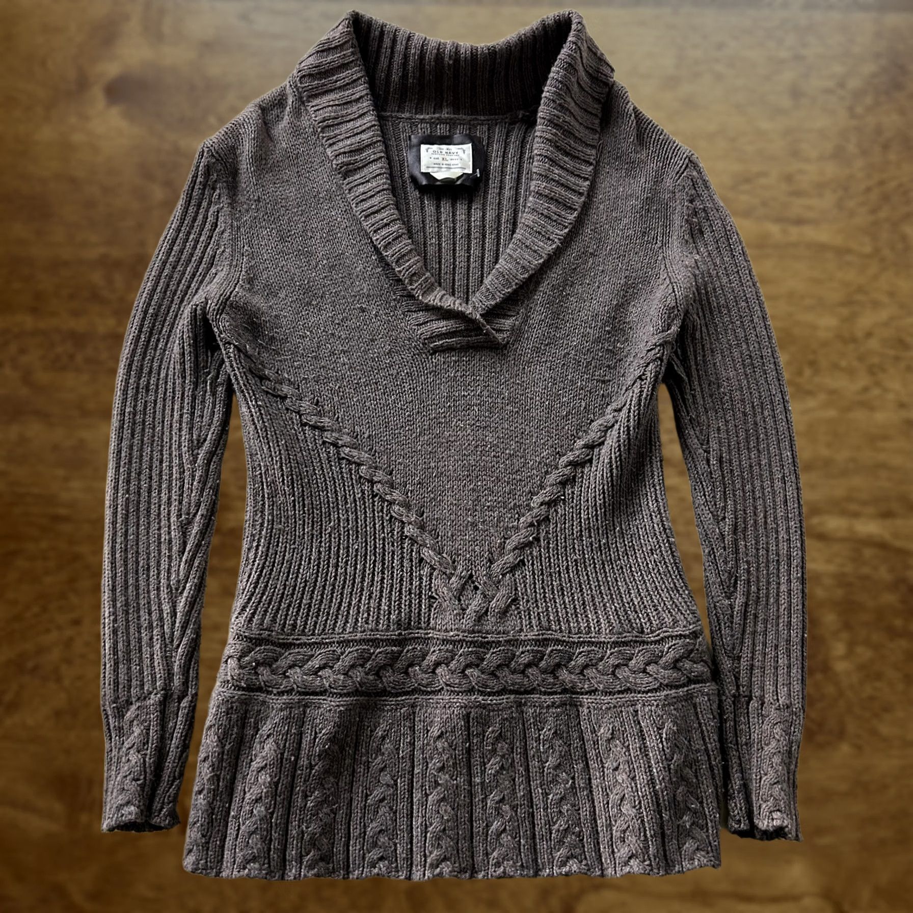 Old Navy VINTAGE Old Navy Sweater Womens XL Brown Cable Knit Tunic Shawl Collar Hong Kong Size XL / US 12-14 / IT 48-50 - 1 Thumbnail