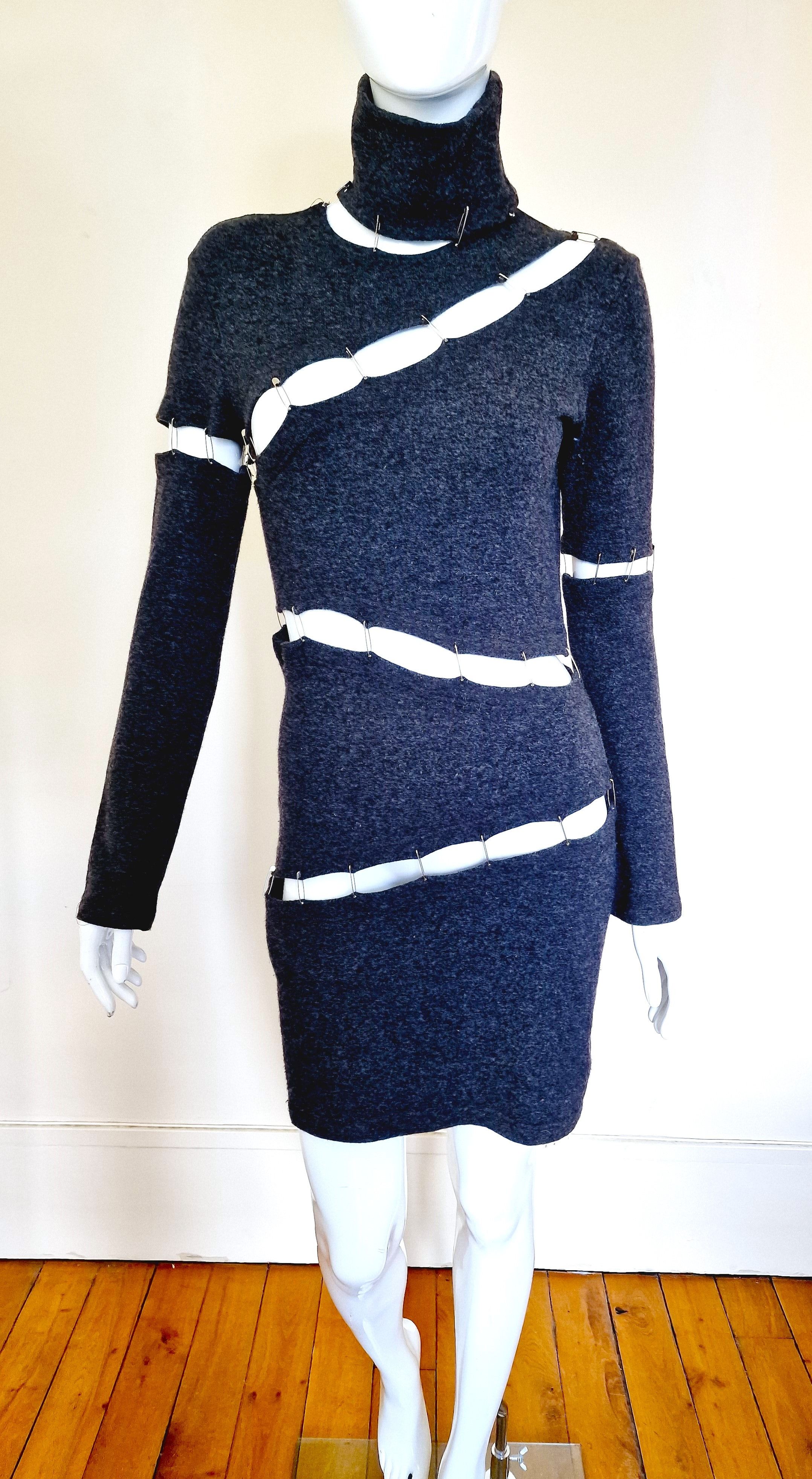 image of Plein Sud Safety Pin Panel Cut Out Wool Bondage Dress in Grey, Women's (Size Medium)