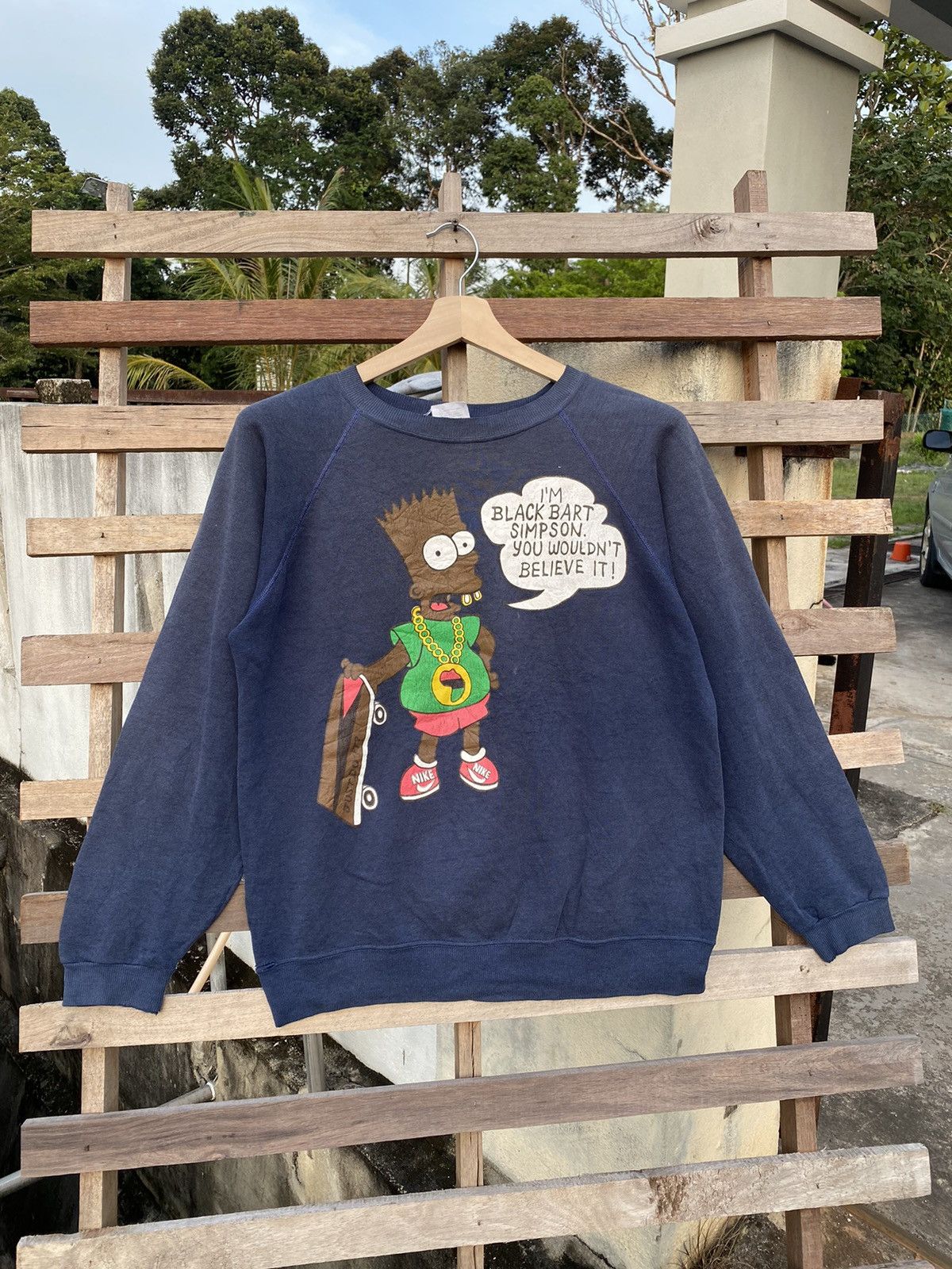 image of Hanes x The Simpsons Distressed Vintage 80's Bart Simpson X Nike Sweatshirt in Navy Blue (Size Larg