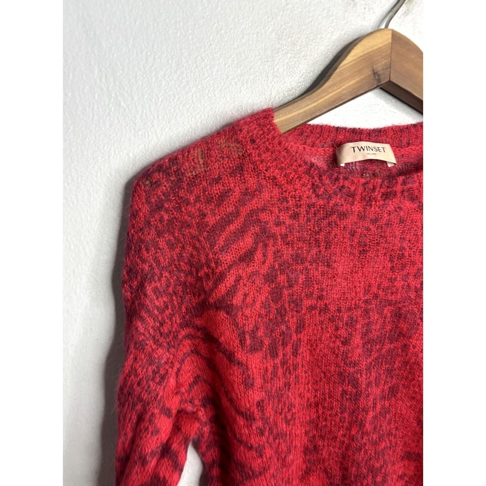 TWINSET TWINSET Sweater Womens Small Red Mohair Wool Blend Animal Print Knit Fuzzy Size S / US 4 / IT 40 - 2 Thumbnail