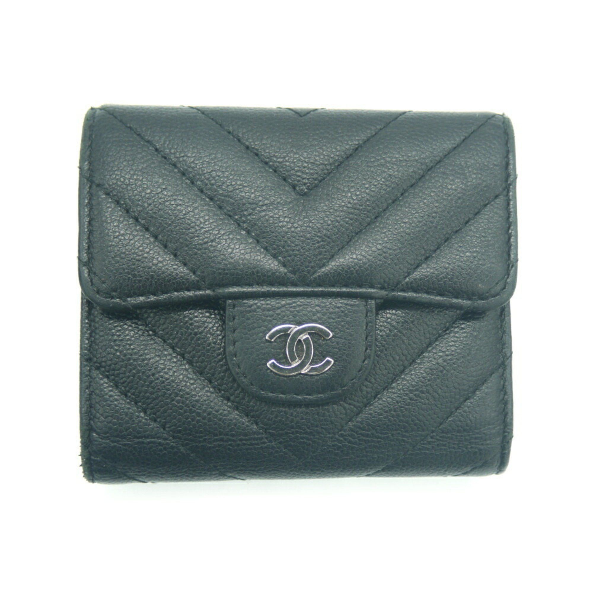 image of Chanel V Stitch Small Flap Wallet Trifold Coco Mark Caviar Skin Black A81900, Women's
