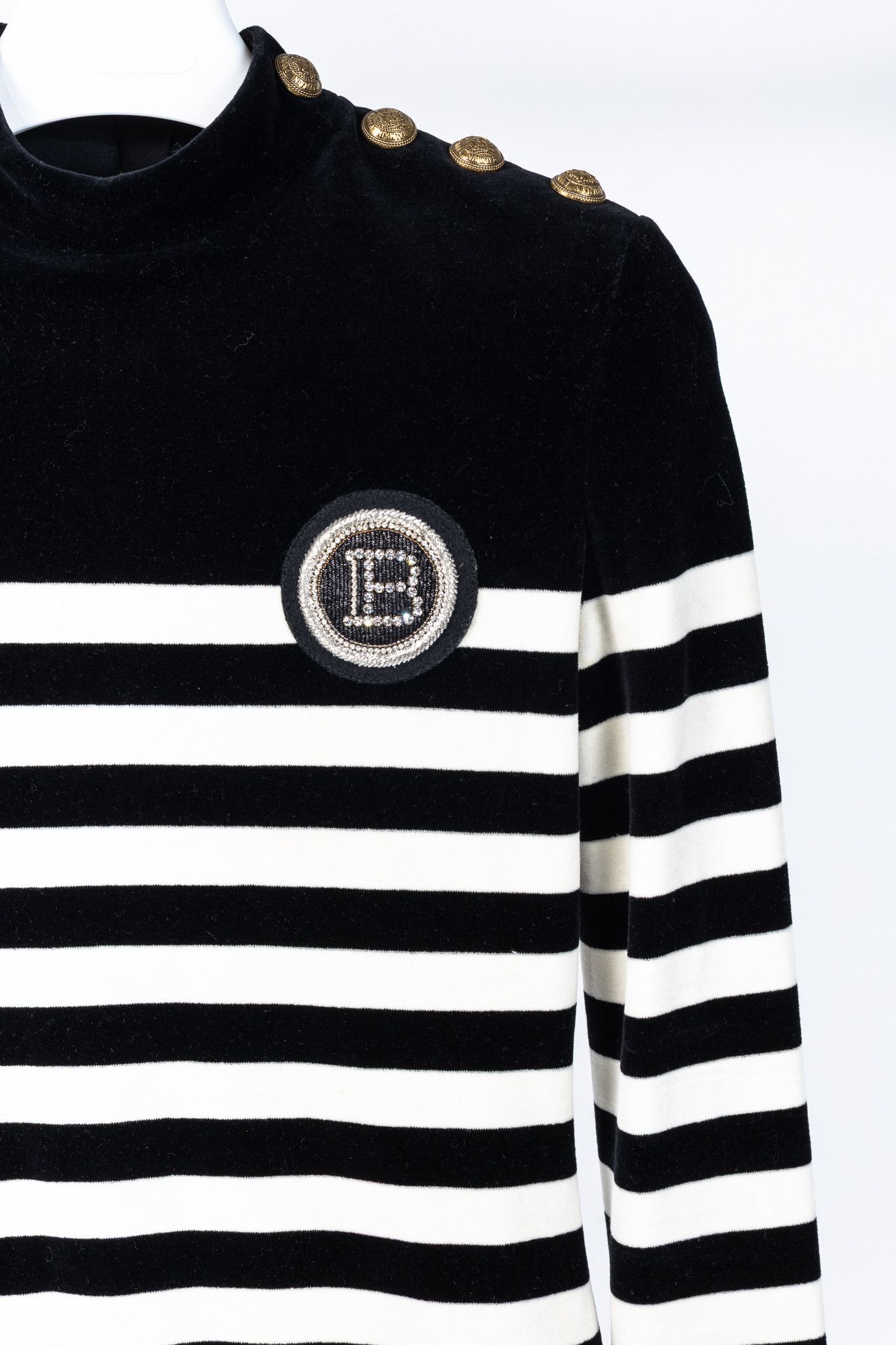 Balmain Balmain Black & White Striped Velvet Long-Sleeve Mini Dress Size L / US 10 / IT 46 - 4 Thumbnail