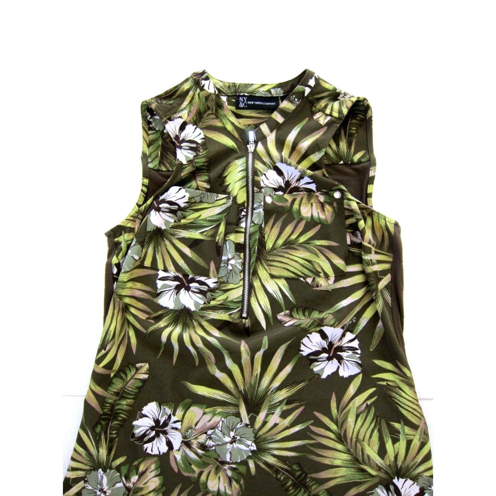 New York & Company Green White Floral Zip Neck Pocket Sleeveless Tank Dress  S