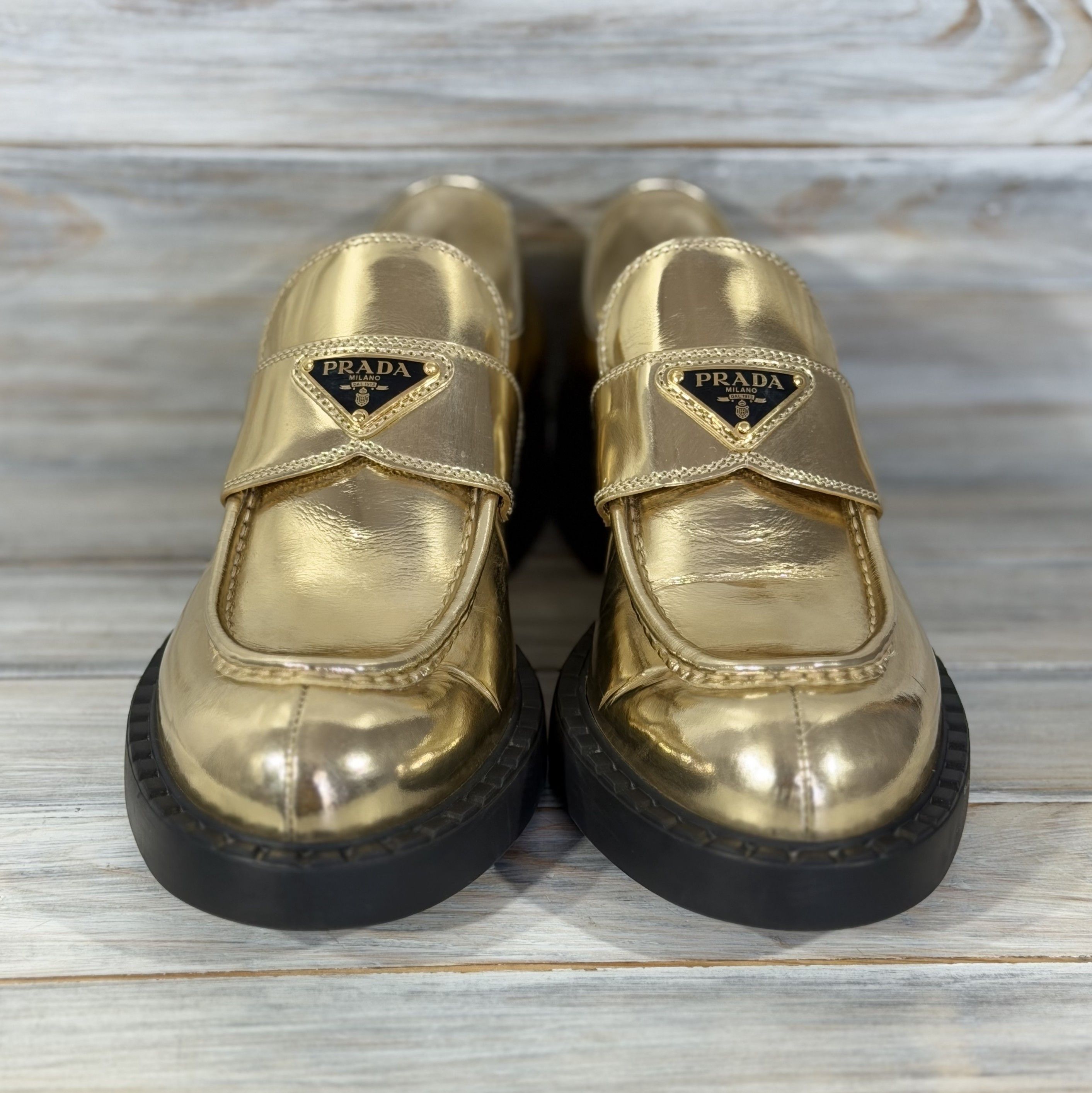 Prada PRADA Milano Metallic Gold Leather Loafers Triangular Logo Size US 10.5 / IT 40.5 - 3 Thumbnail