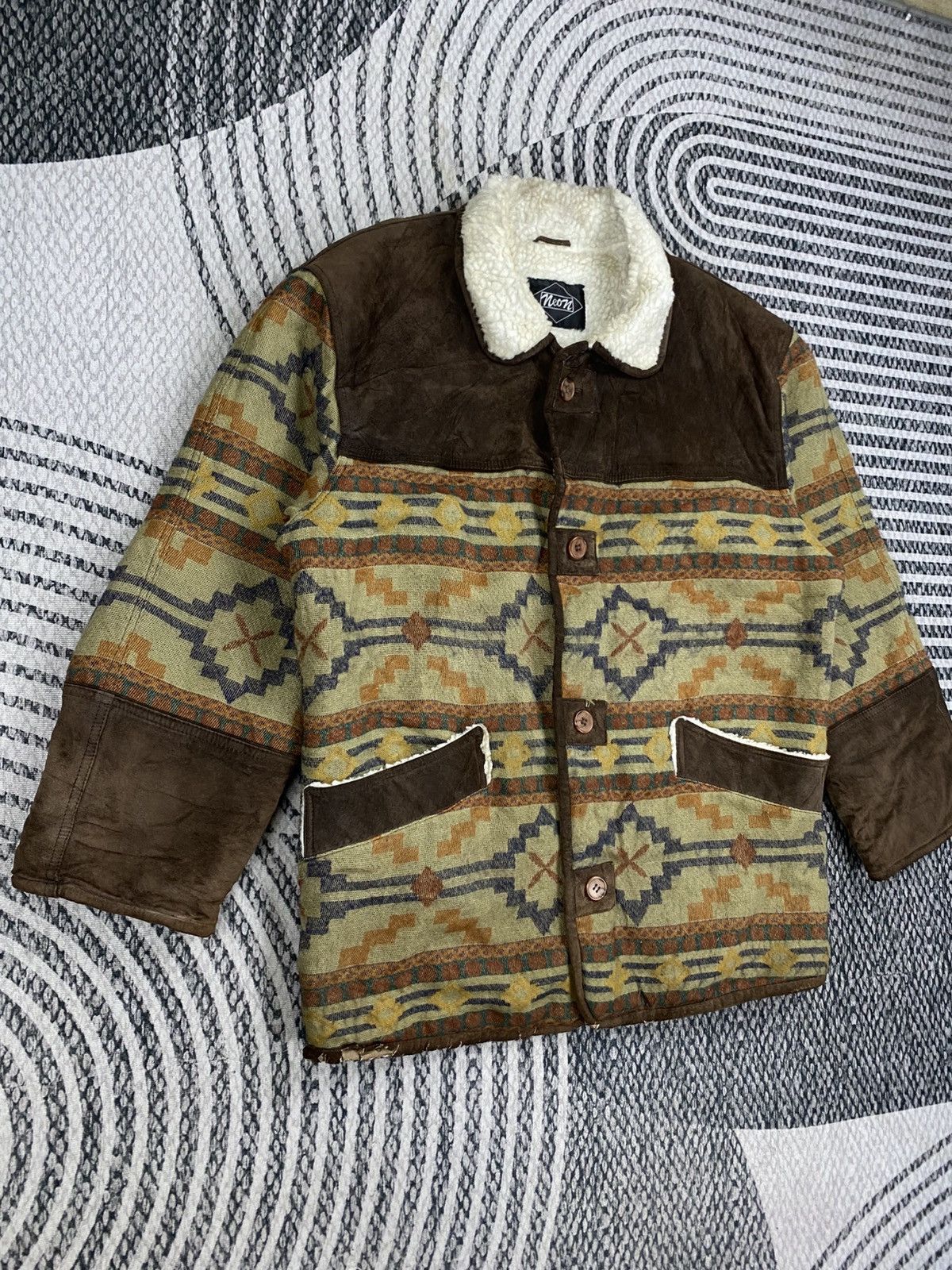 Vintage 🔥Vintage Neon Half Leather Navajo Wool Sherpa Lined Jacket Size US L / EU 52-54 / 3 - 3 Thumbnail