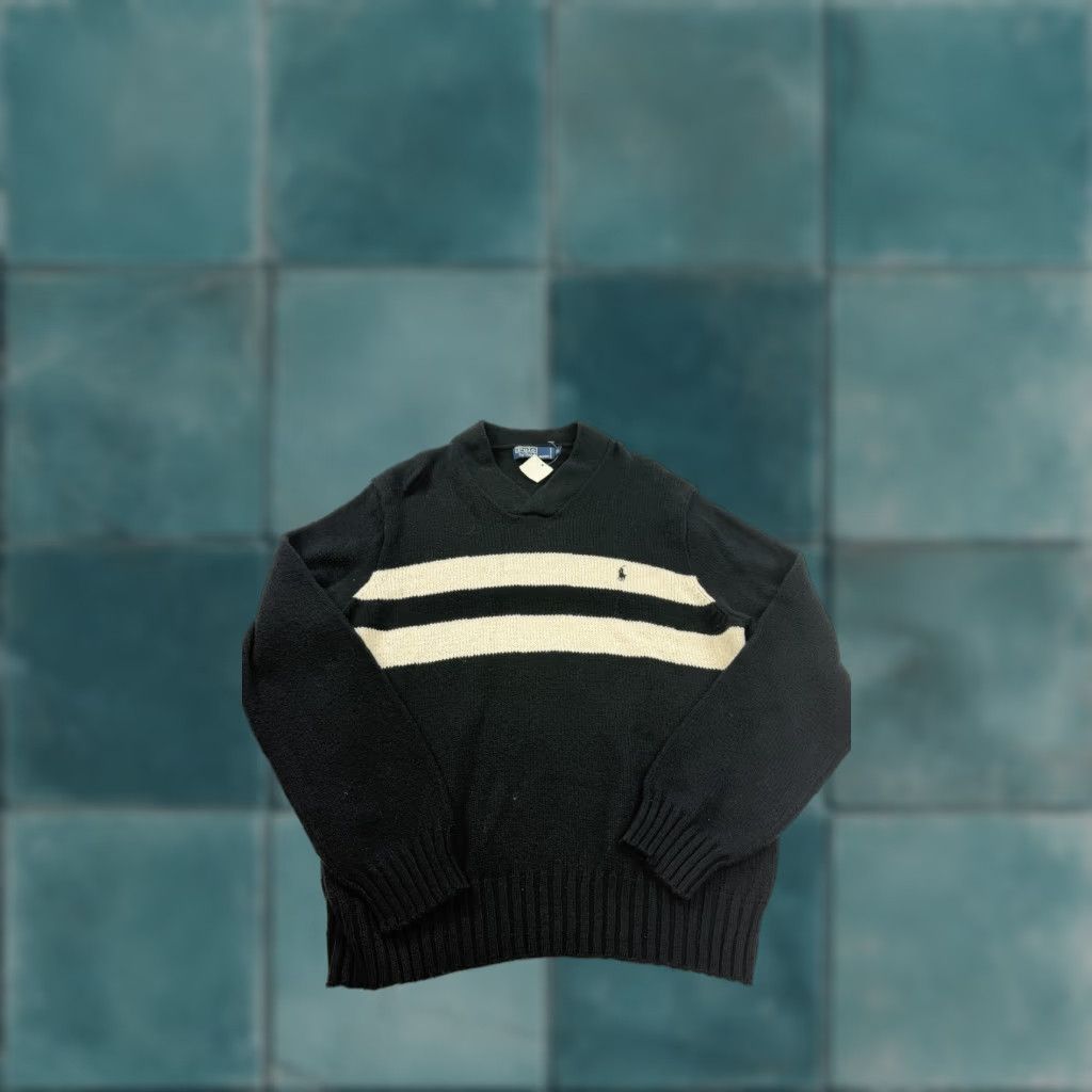 Polo Ralph Lauren VINTAGE Polo Ralph Lauren Sweater Mens XL Black V Neck Striped Pony Logo Knit Pullover Size US XL / EU 56 / 4 - 1 Thumbnail