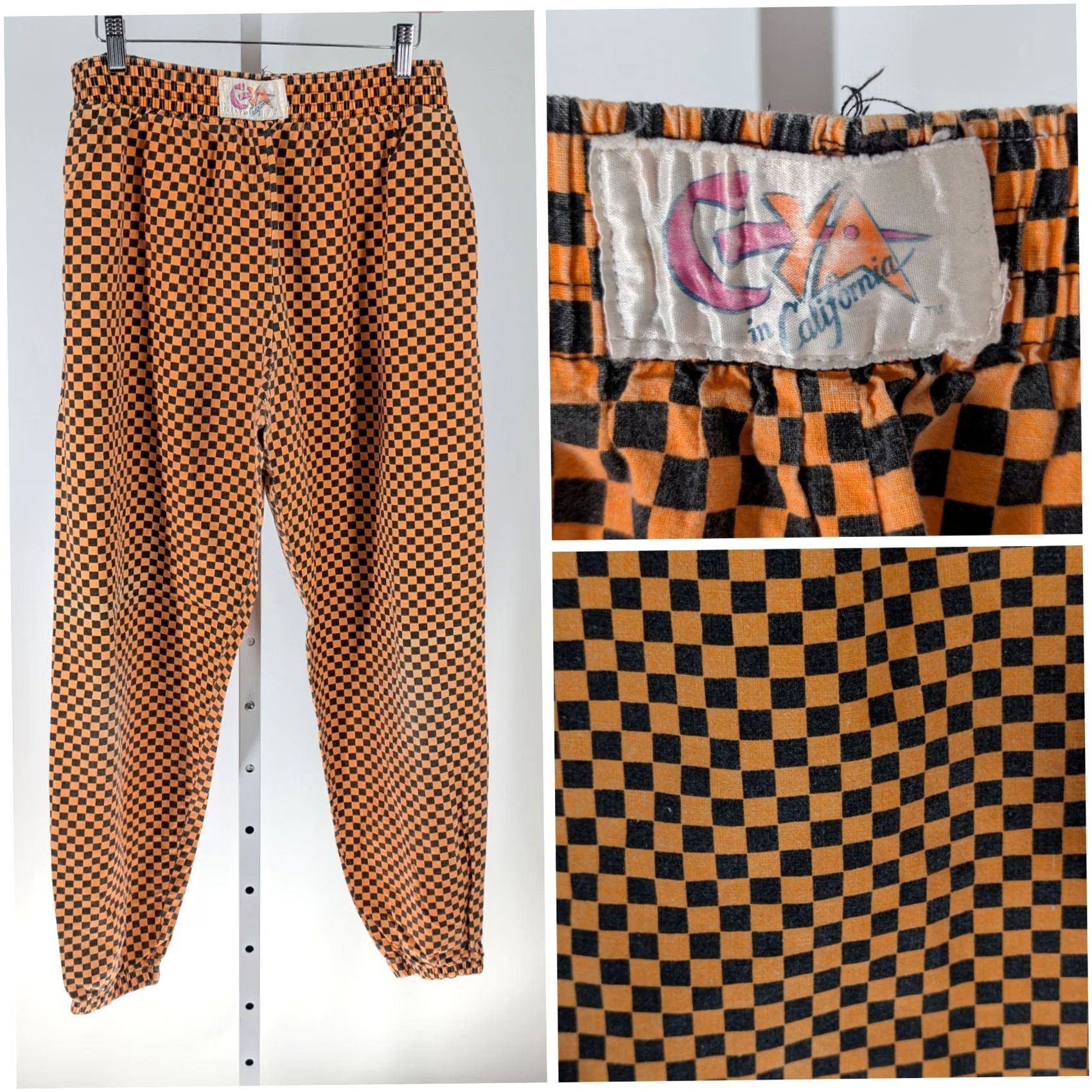 Vintage C-YA in California Vintage Pants L USA Orange Checkerboard Jogger 80s Skater Art Parachute Cotton Hip Hop Mens L Orange 1980s USA Size US 31 - 2 Thumbnail
