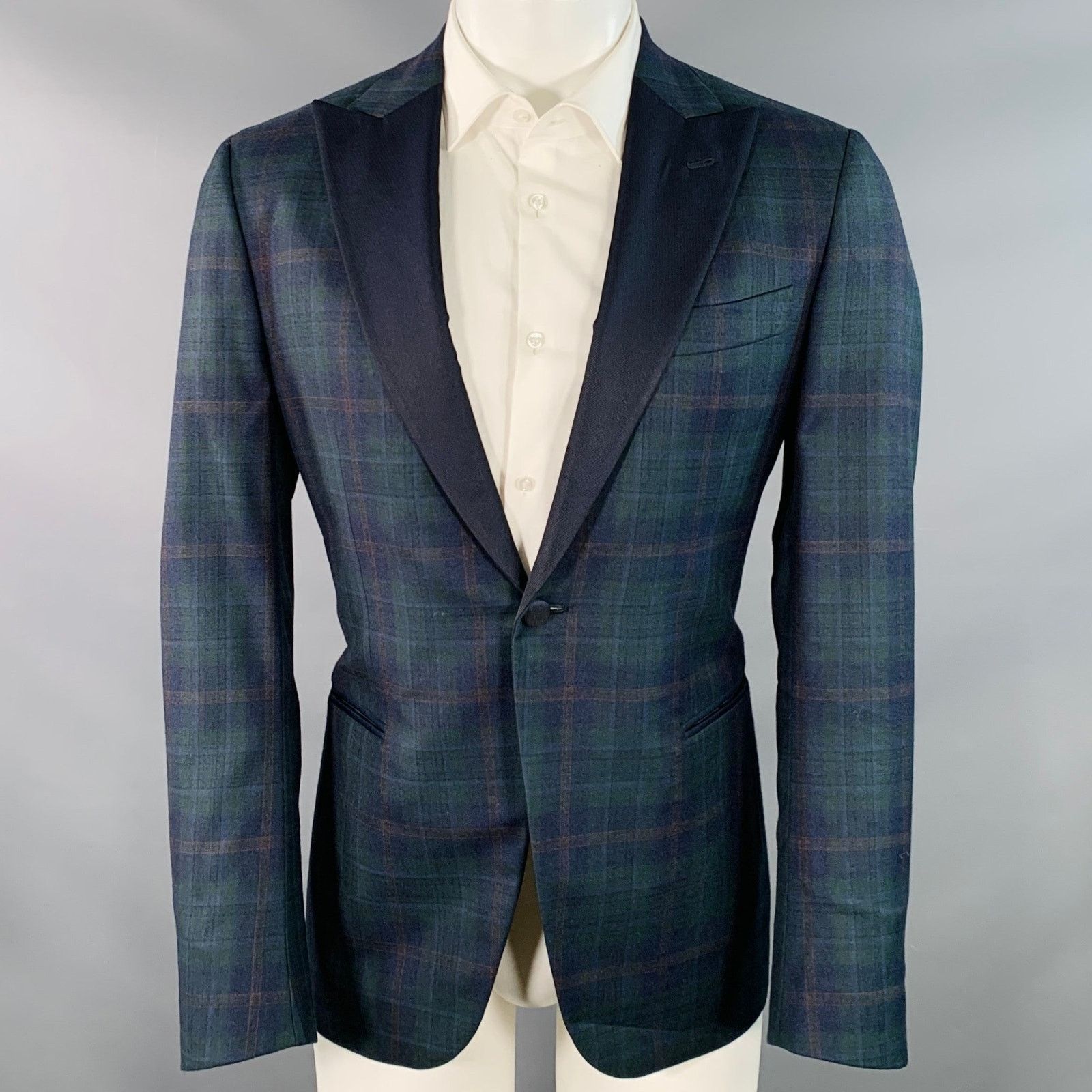 Isaia ISAIA Size 40 Green Navy Plaid Wool Peak Lapel Sport Coat Size 40R - 1 Thumbnail