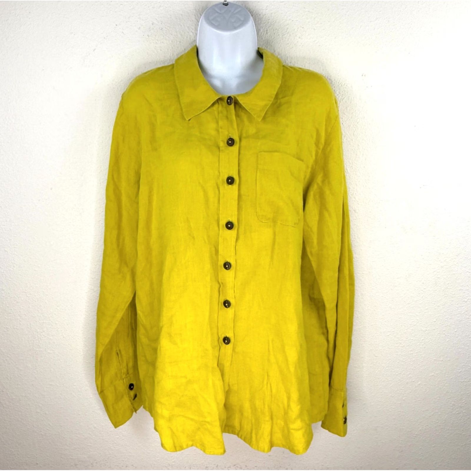 FLAX FLAX Blouse Tunic Top Linen Yellow Small Button Down Long Sleeve Collared Women Shirt Blouse Fashion Size S / US 4 / IT 40 - 2 Thumbnail
