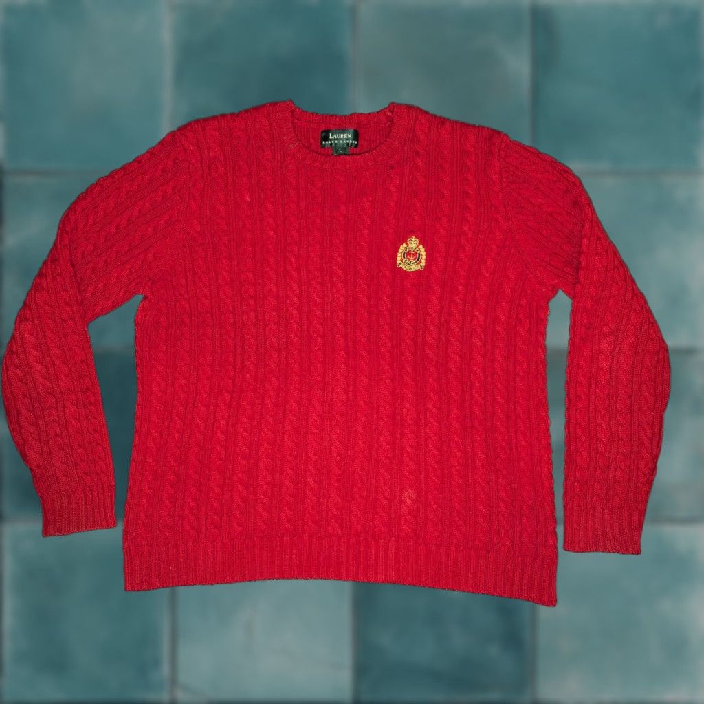 Ralph Lauren LAUREN RALPH LAUREN Green Label Men's L Red Cable Knit Crest Crew Sweater Size US L / EU 52-54 / 3 - 1 Thumbnail