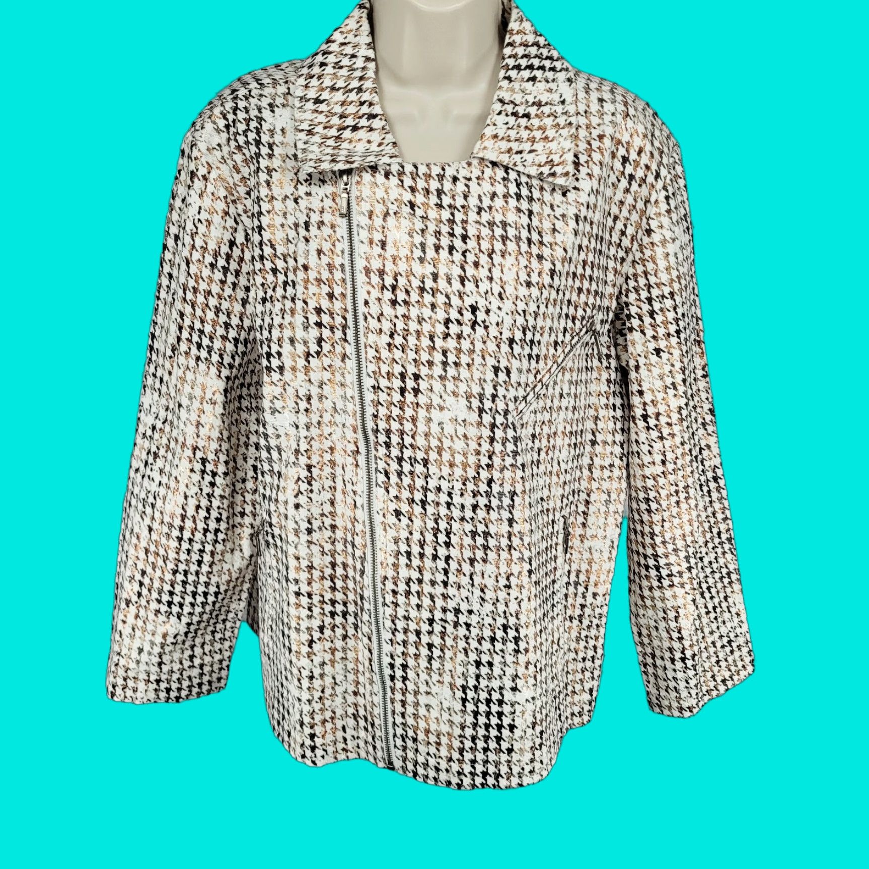 Vintage CHICO'S Brown Metallic Houndstooth Lightweight Full Zip Moto Jacket Size 3 US 16 Womens Size XS / US 0-2 / IT 36-38 - 1 Thumbnail